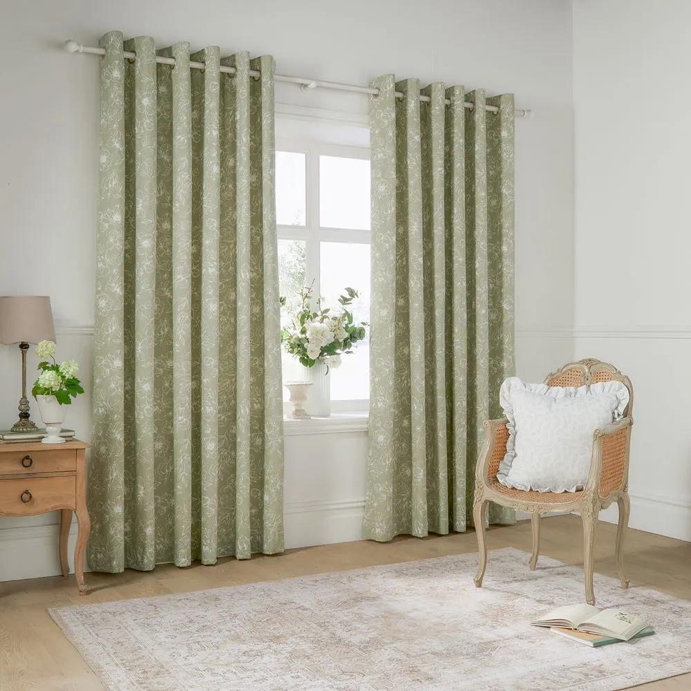 Wylder Bella Floral 100% Cotton Eyelet Curtain Pair in Green 2