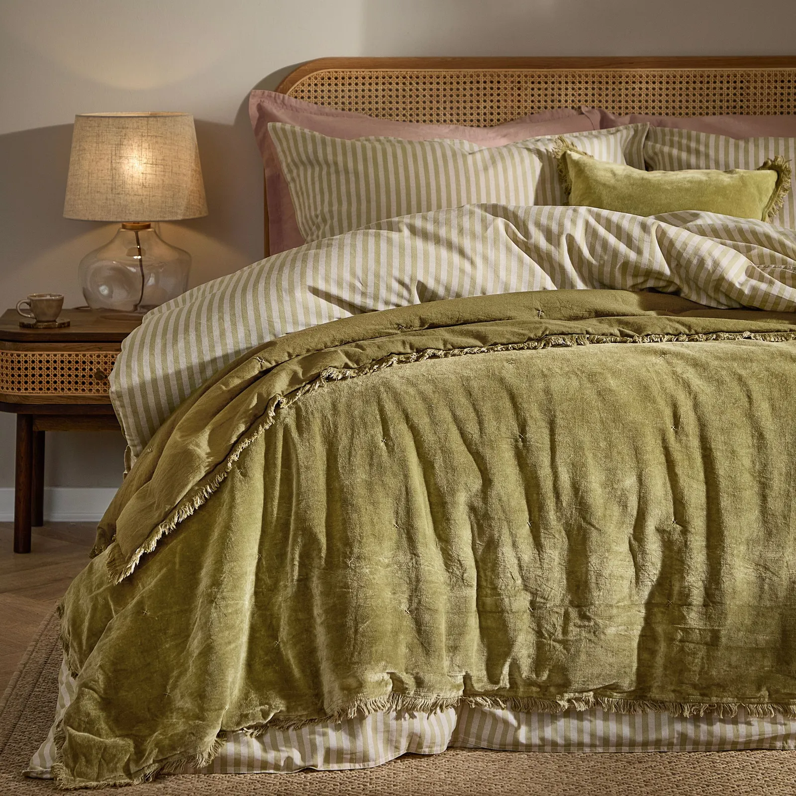 Yard Jaye Fringed Cotton Velvet Bedspread in Green 1