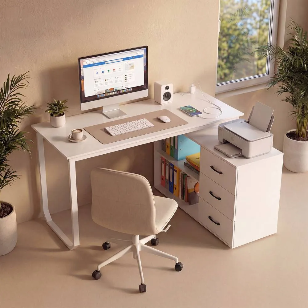 Costway 140cm Reversible L Shaped Desk w/ Power Outlet Study Writing Table in White 2