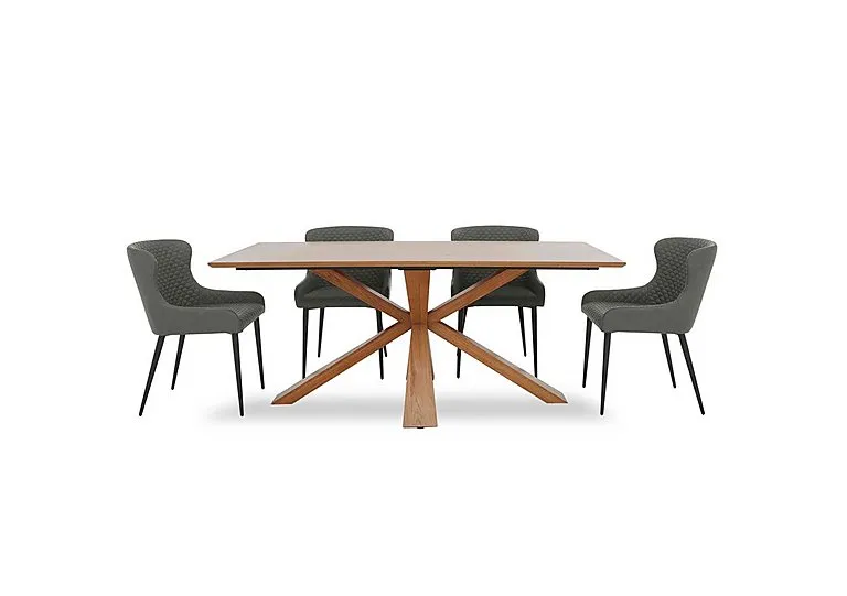 Hanoi Fixed Table with Wooden Base and 4 Faux Leather Dining Chairs - Slate Grey