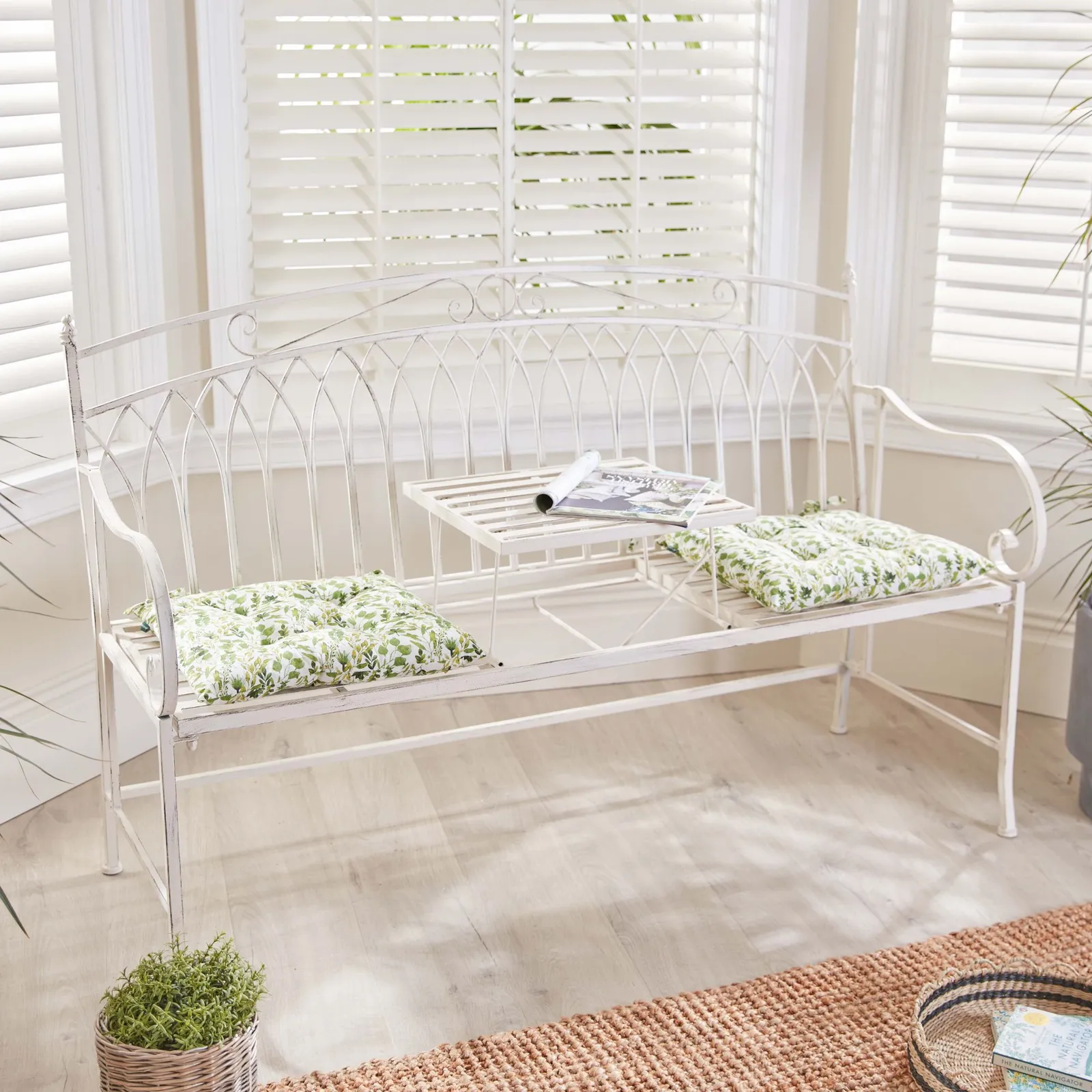 Dibor Vintage Large Cream Arched Outdoor Garden Furniture Companion Seat Garden Bench with Free Set of 2 Green Seat Pad Cushions
