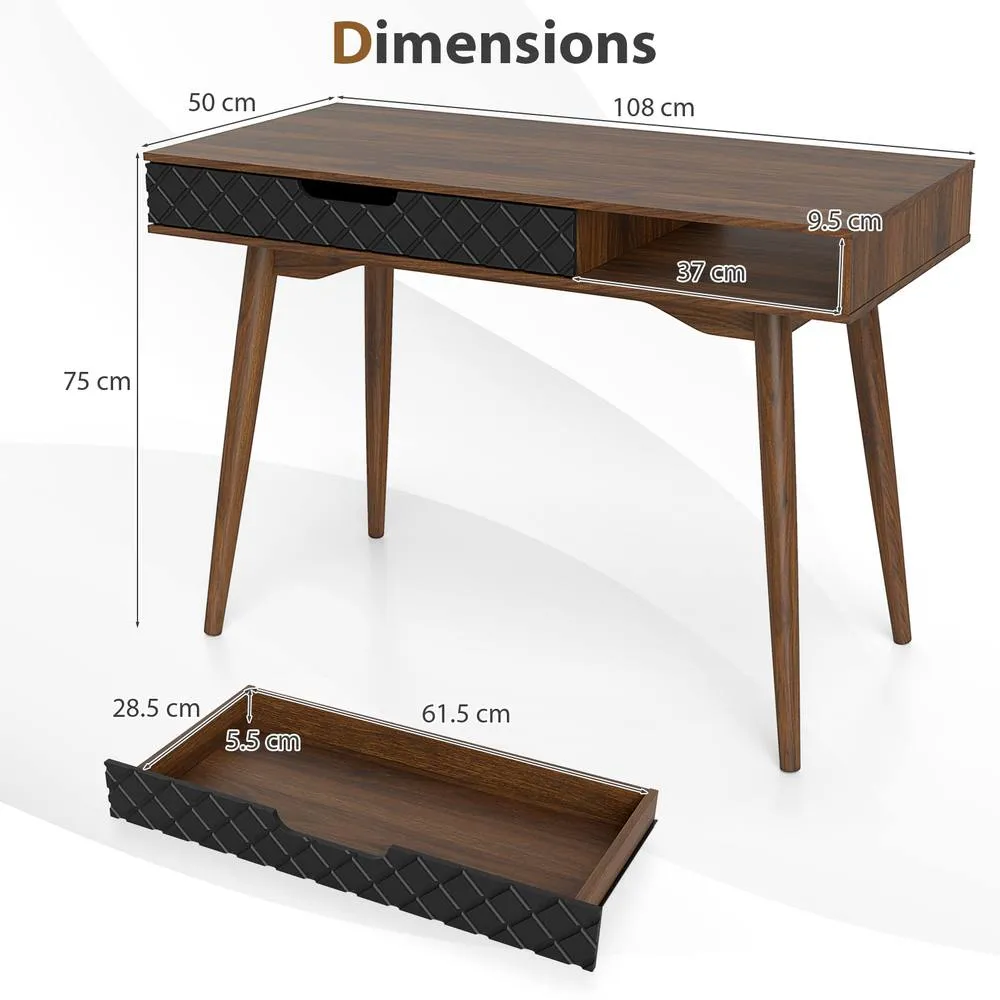 Costway Writing Table with Drawer & Open Compartment in Brown 2