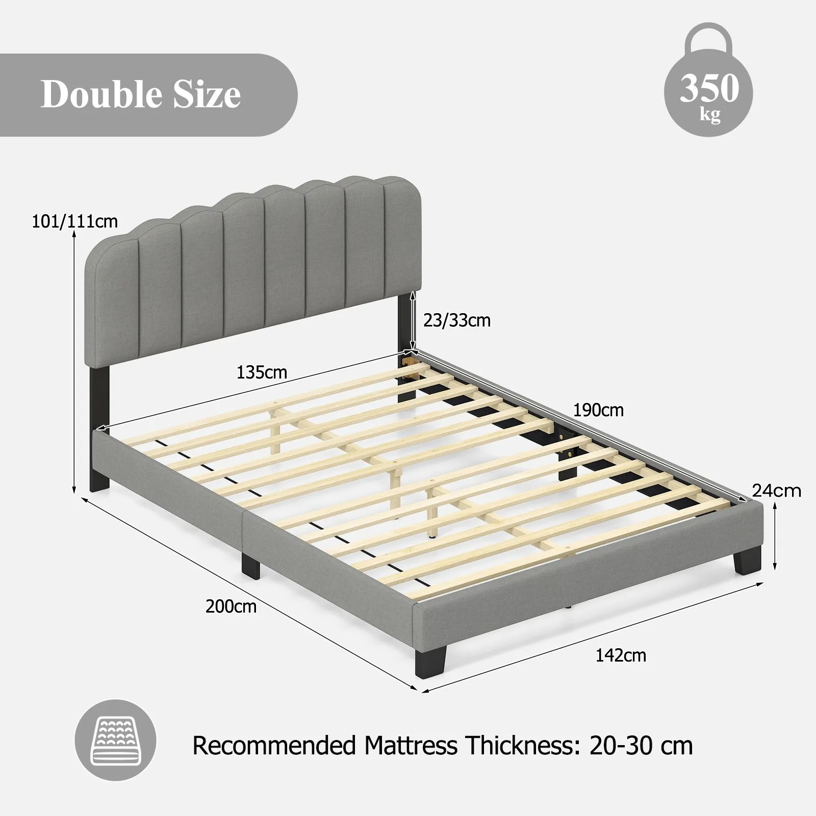 Costway Double Size Bed Frame Linen Upholstered Platform Bed in Grey 2