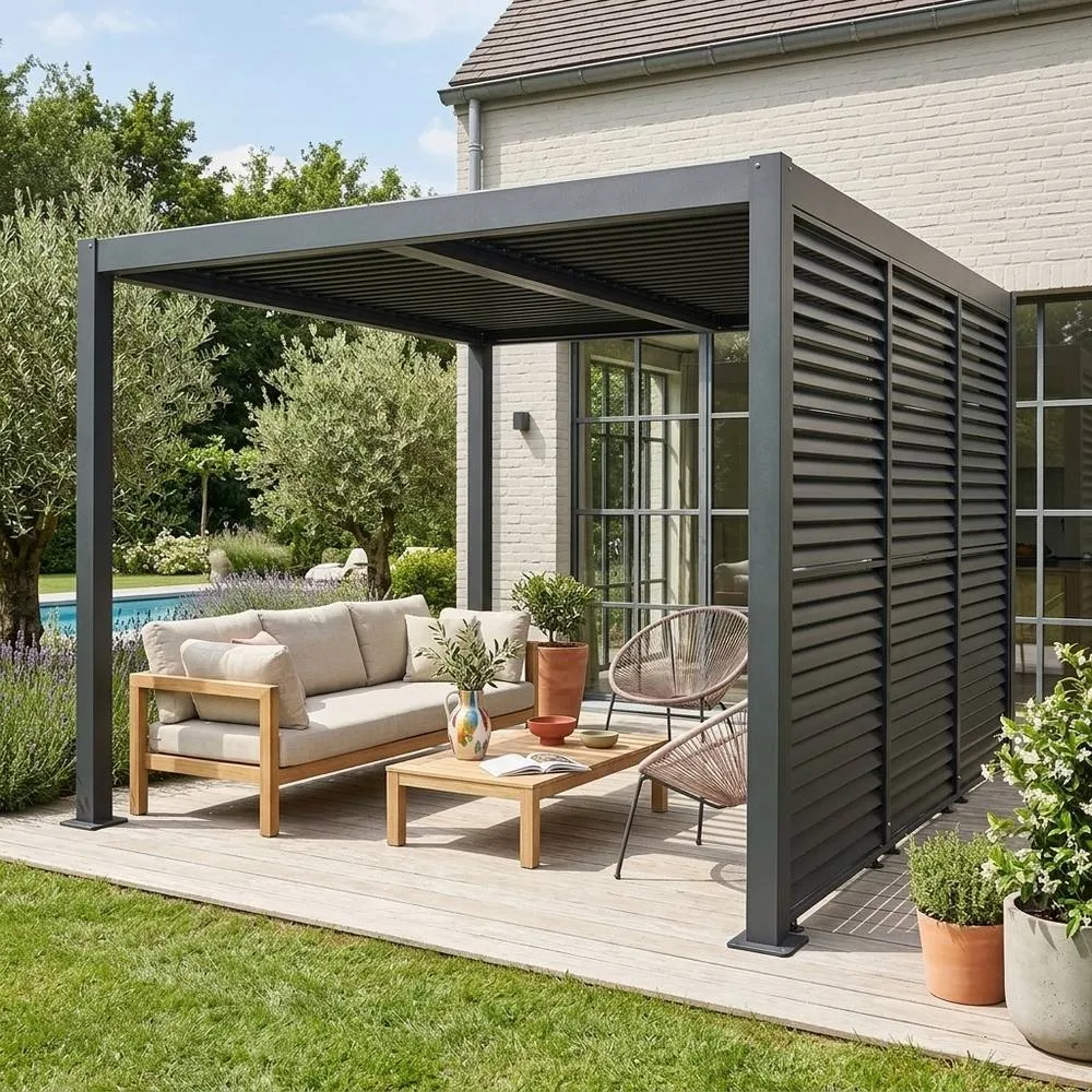 sweeek Louvered pergola 4x3m + 3 130 cm adjustable slat louver panels in Dark Grey