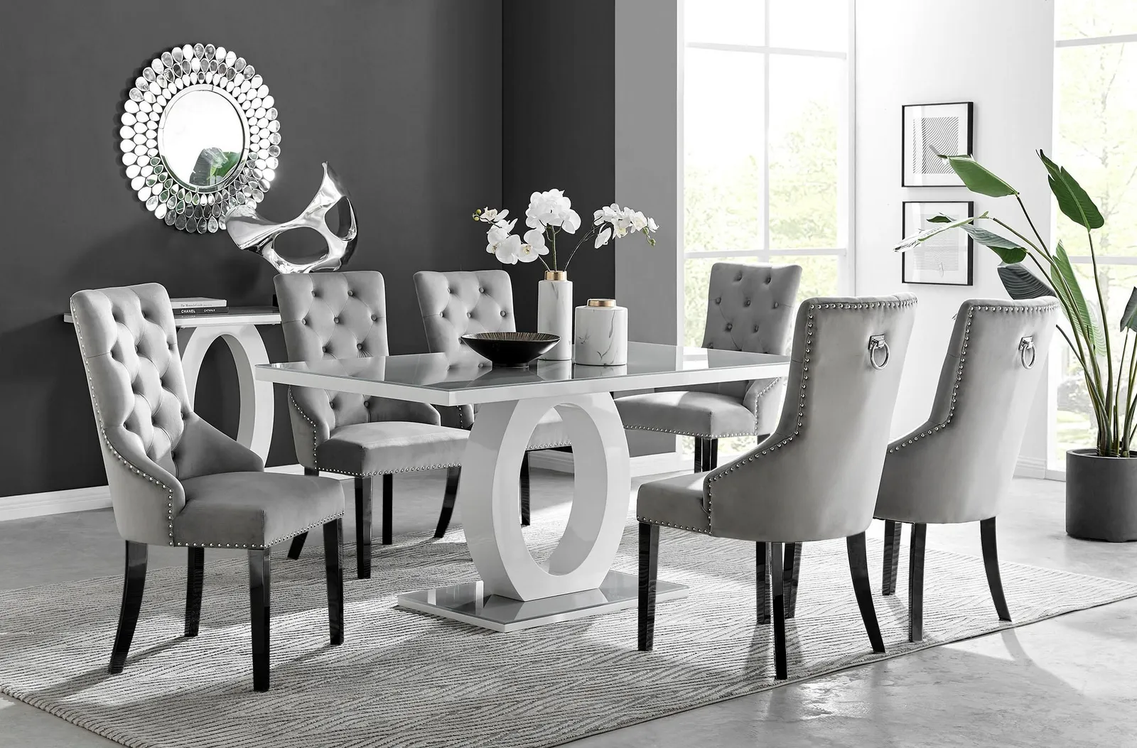 FurnitureboxUK Giovani 6-Seater Grey Glass Dining Table & 6 Belgravia Velvet Dining Chairs