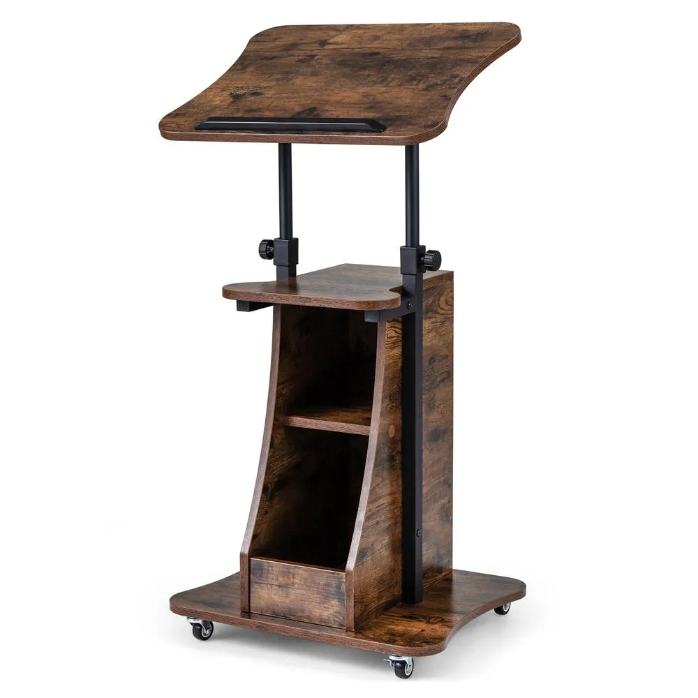 Costway Height Adjustable Podium Stand on Wheels with Rustic Brown/Black Wood in Brown 3