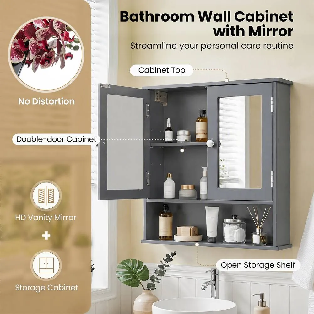 Costway Bathroom Wall Cabinet Medicine Cabinet Wall Mount with Mirror in Grey 5