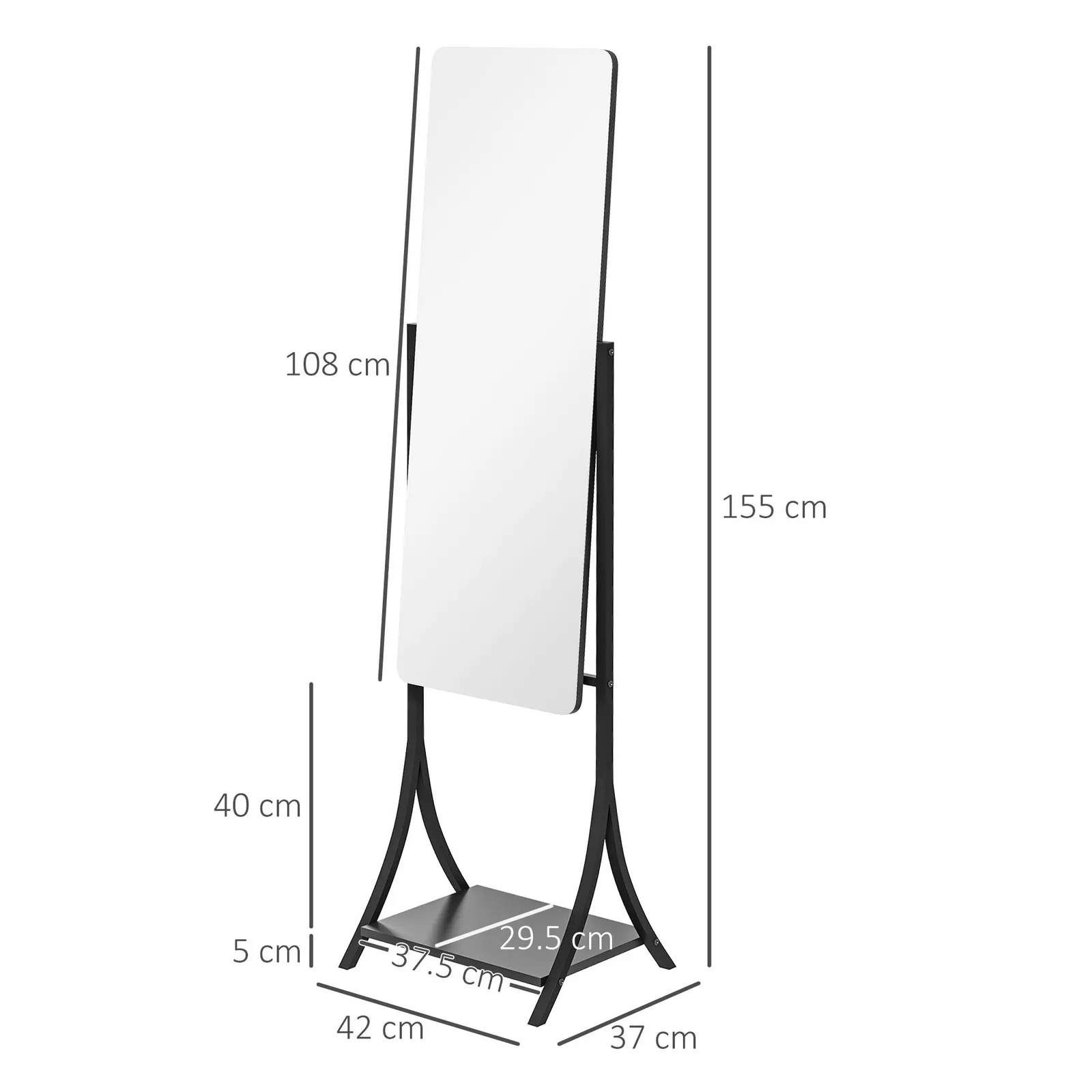 HOMCOM Freestanding Full Length Mirror Adjustable Full Body Mirror with Shelf in Black 3