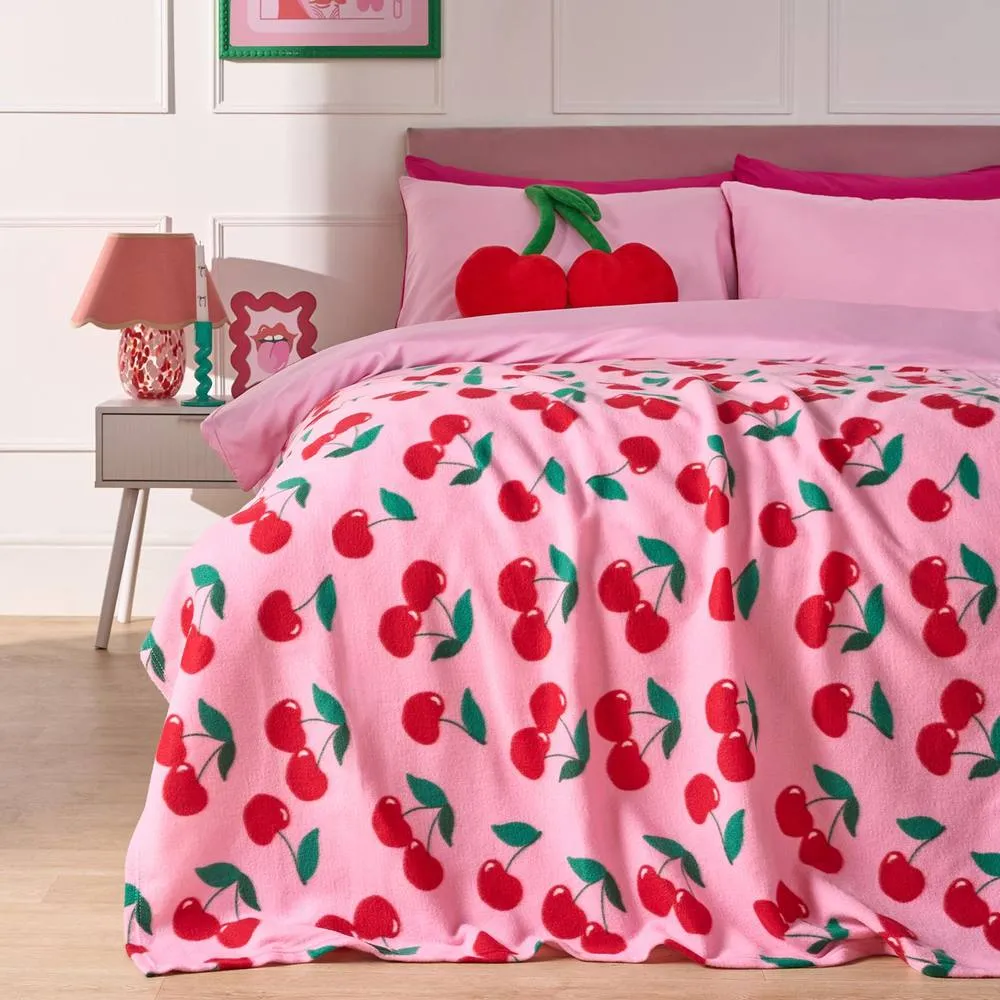 OHS Cherry Polar Fleece Throw Blanket Lightweight Bedspread in Pink