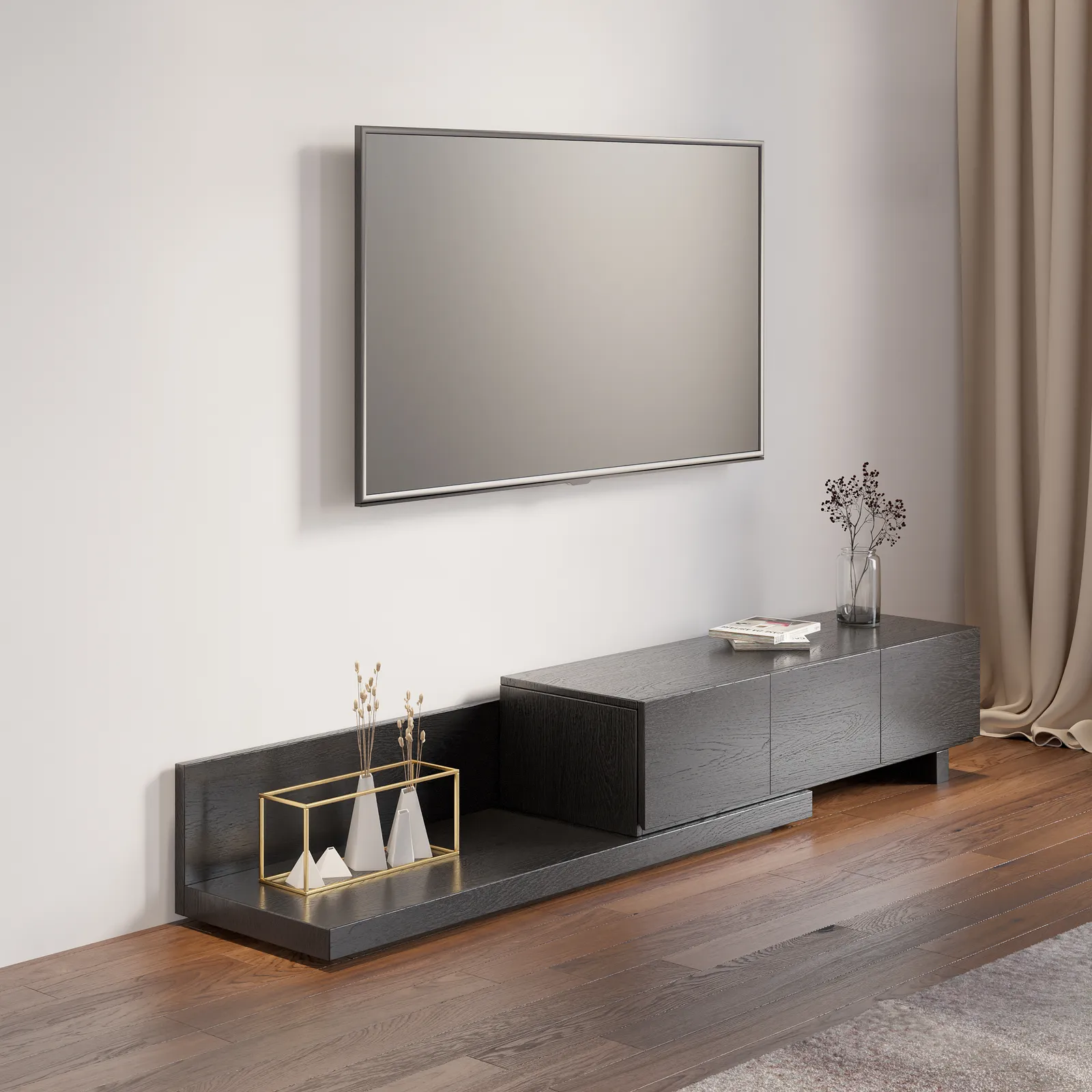 Rectangle Wood Extendable TV Stand Black Floor Media Console with 3 Drawers
