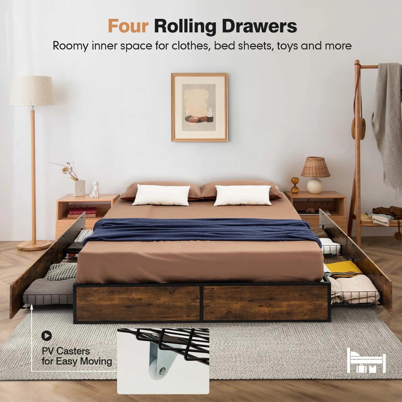 Costway Iron Bed Frame Platform Bed Base Mattress Foundation w/ 4 Drawers in Amber 5