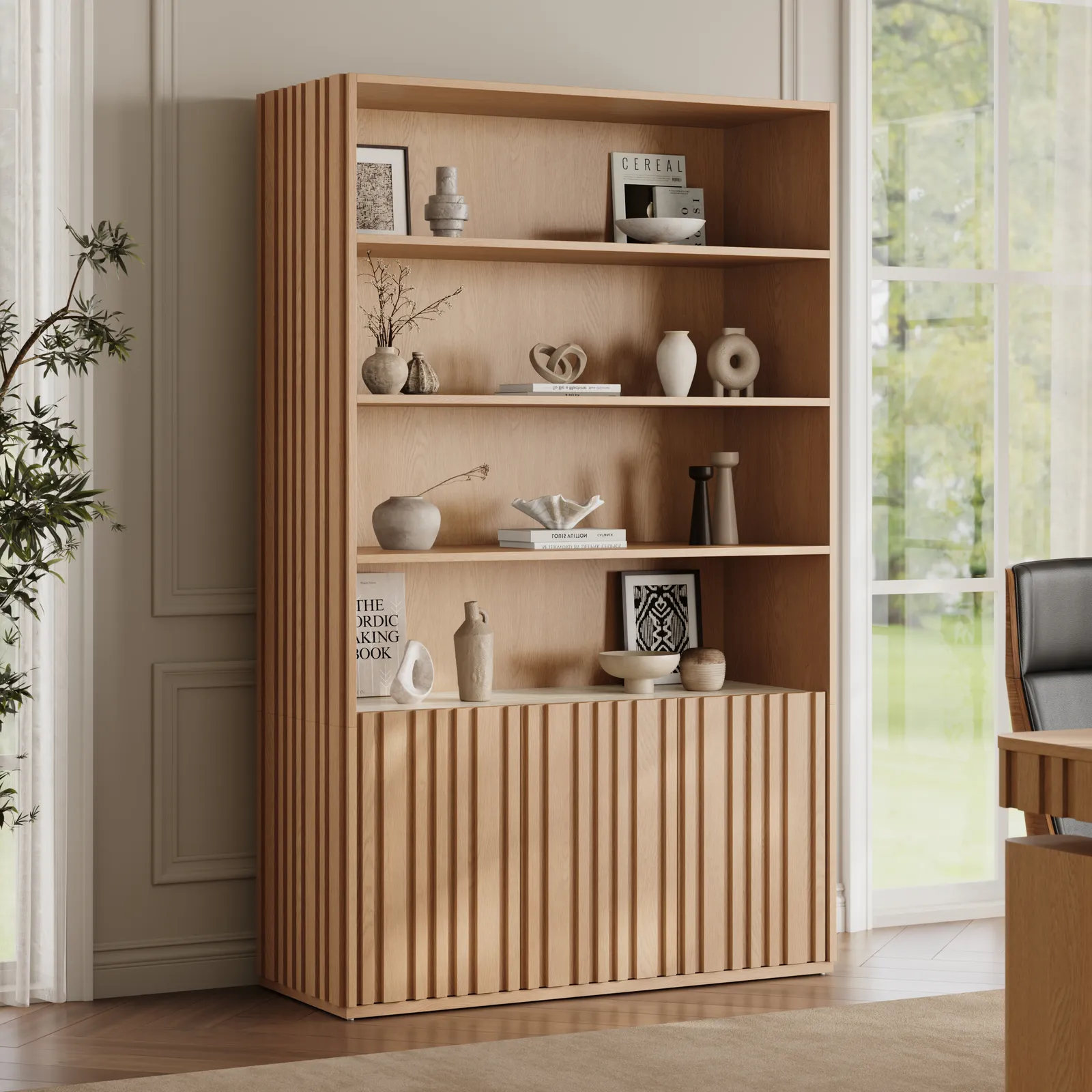 Aura 120cm Ash Wood Fluted Bookcase With Sintered Stone Top