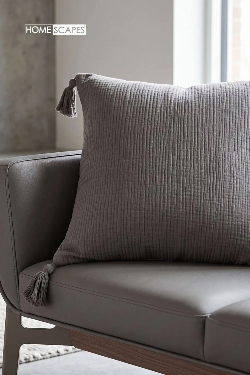 Homescapes Pure Handmade Cotton Muslin Cushion with Cover - 45 x 45 cm in Charcoal 2