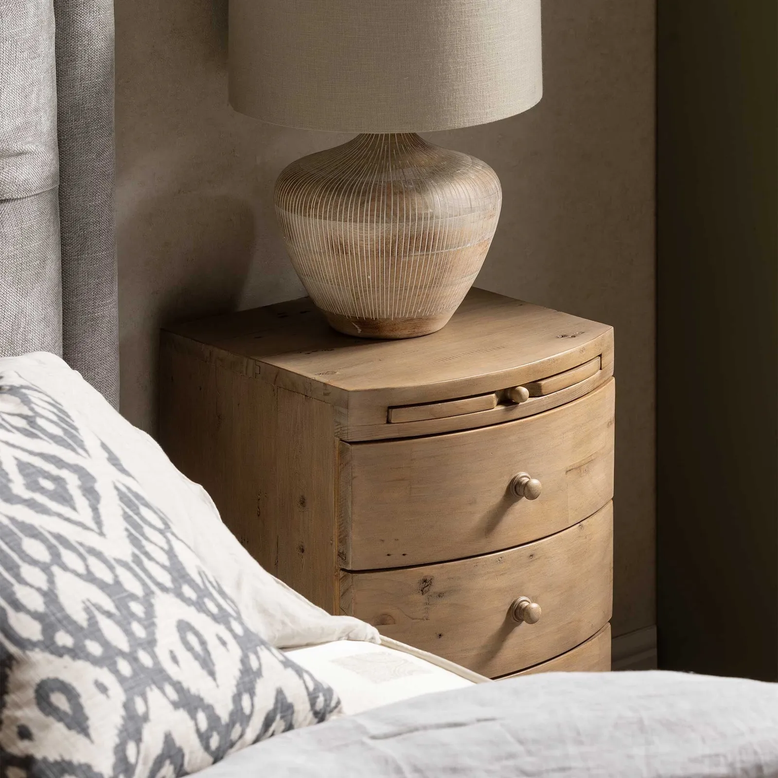 Lewes 3 Drawer Bow Front Bedside Table, Neutral Wood | Barker & Stonehouse 4