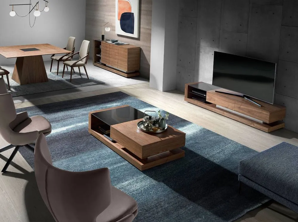 Angel Cerda Walnut TV Cabinet with Black Tinted Glass Top in Brown 4