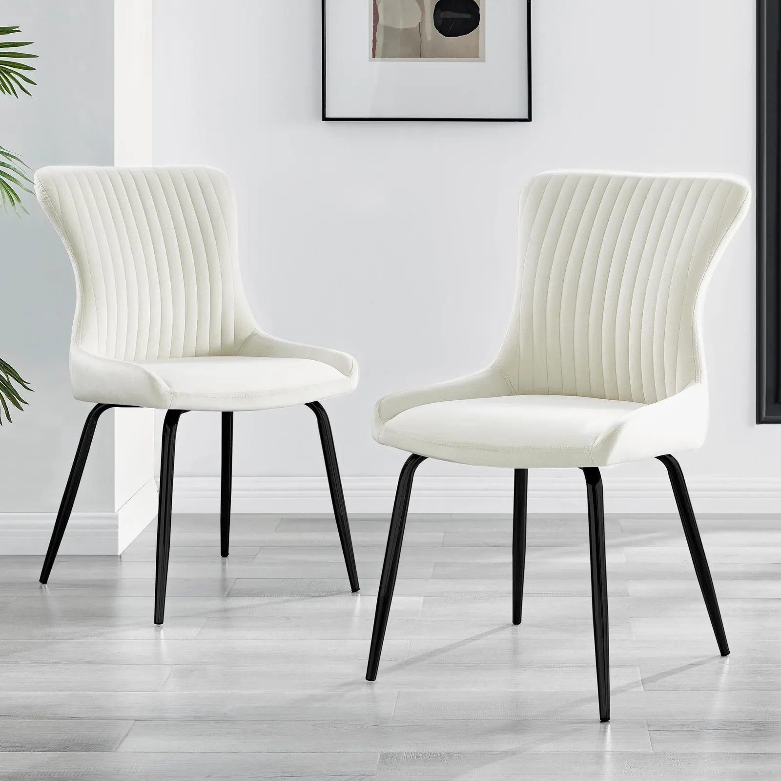 FurnitureboxUK Set of 2 Nora Deep Padded Luxurious Dining Chairs Upholstered In Soft Velvet With Black Legs in Cream