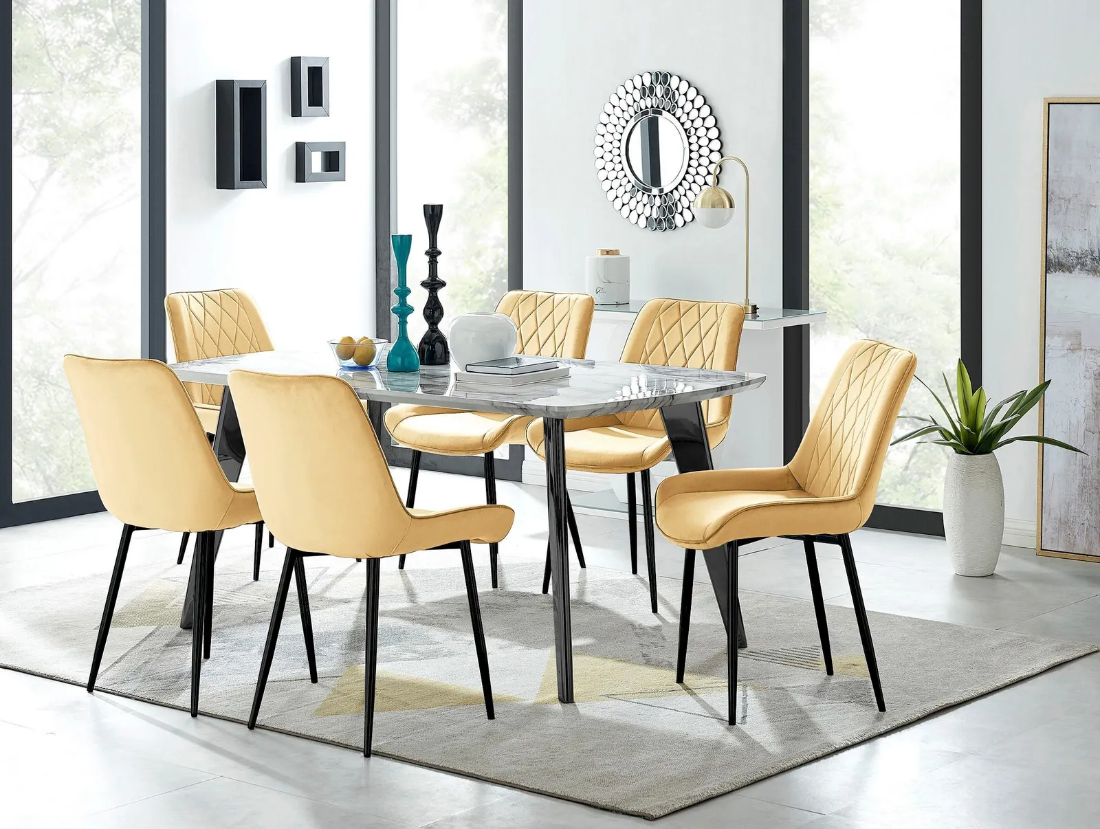FurnitureboxUK Andria White Marble Effect & Black Leg 6 Seater Dining Table & 6 Pesaro Soft Velvet Chairs in Mustard 1
