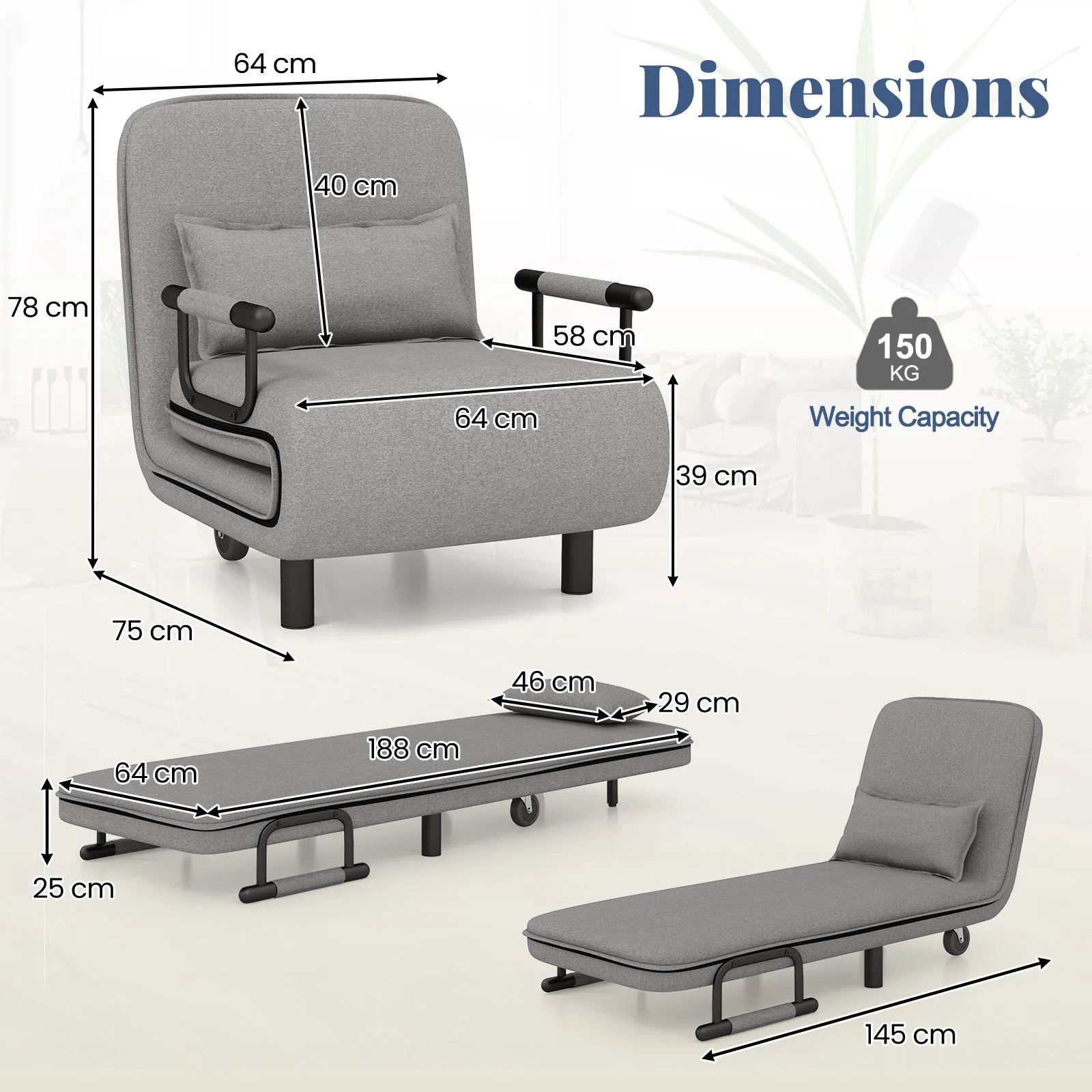 Costway 3-in-1 Convertible Sofa Bed Sleeper Chair w/Lumbar Pillow in Grey 2
