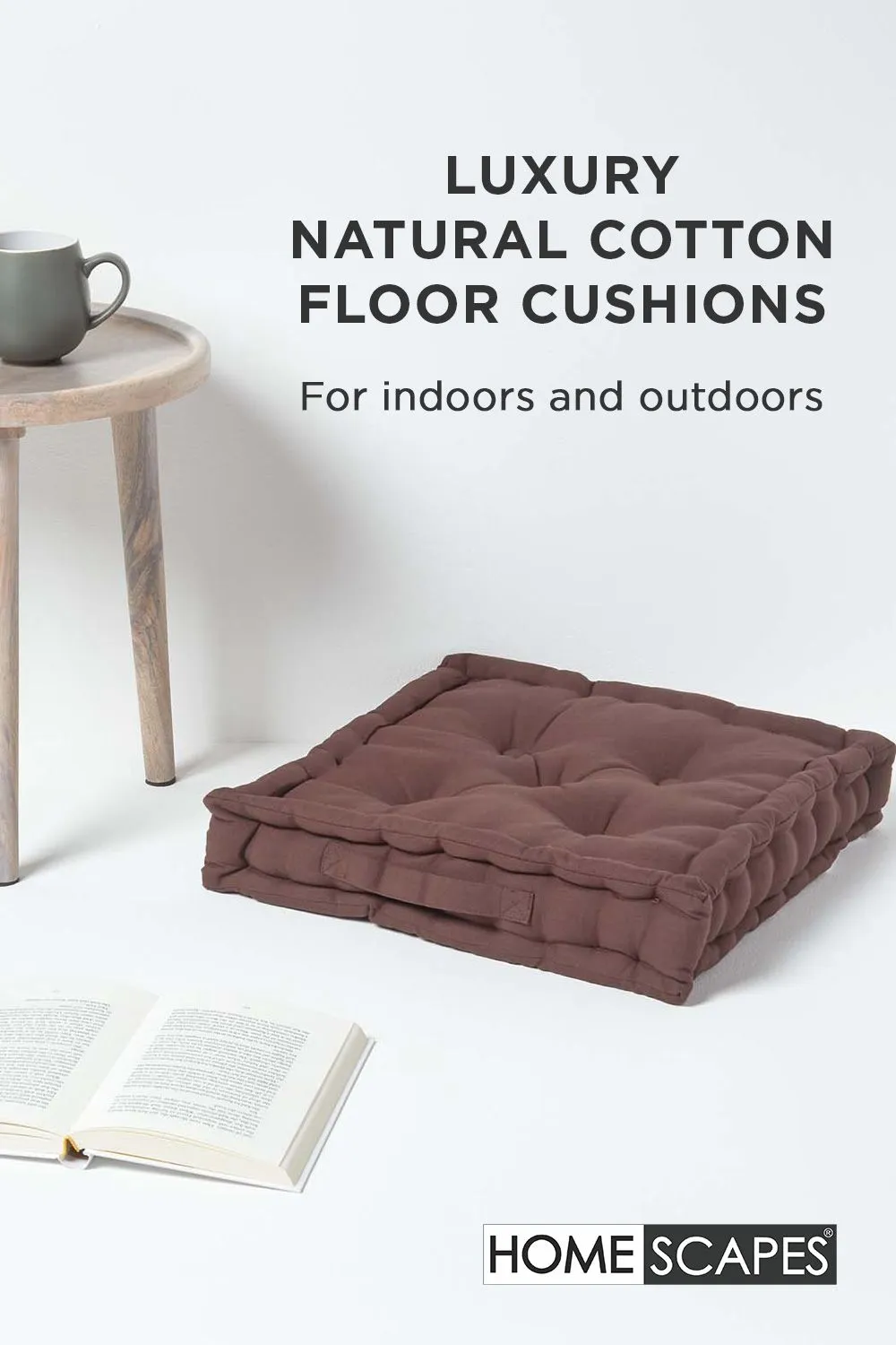 Homescapes Plain Cotton Floor Cushion in Chocolate 2
