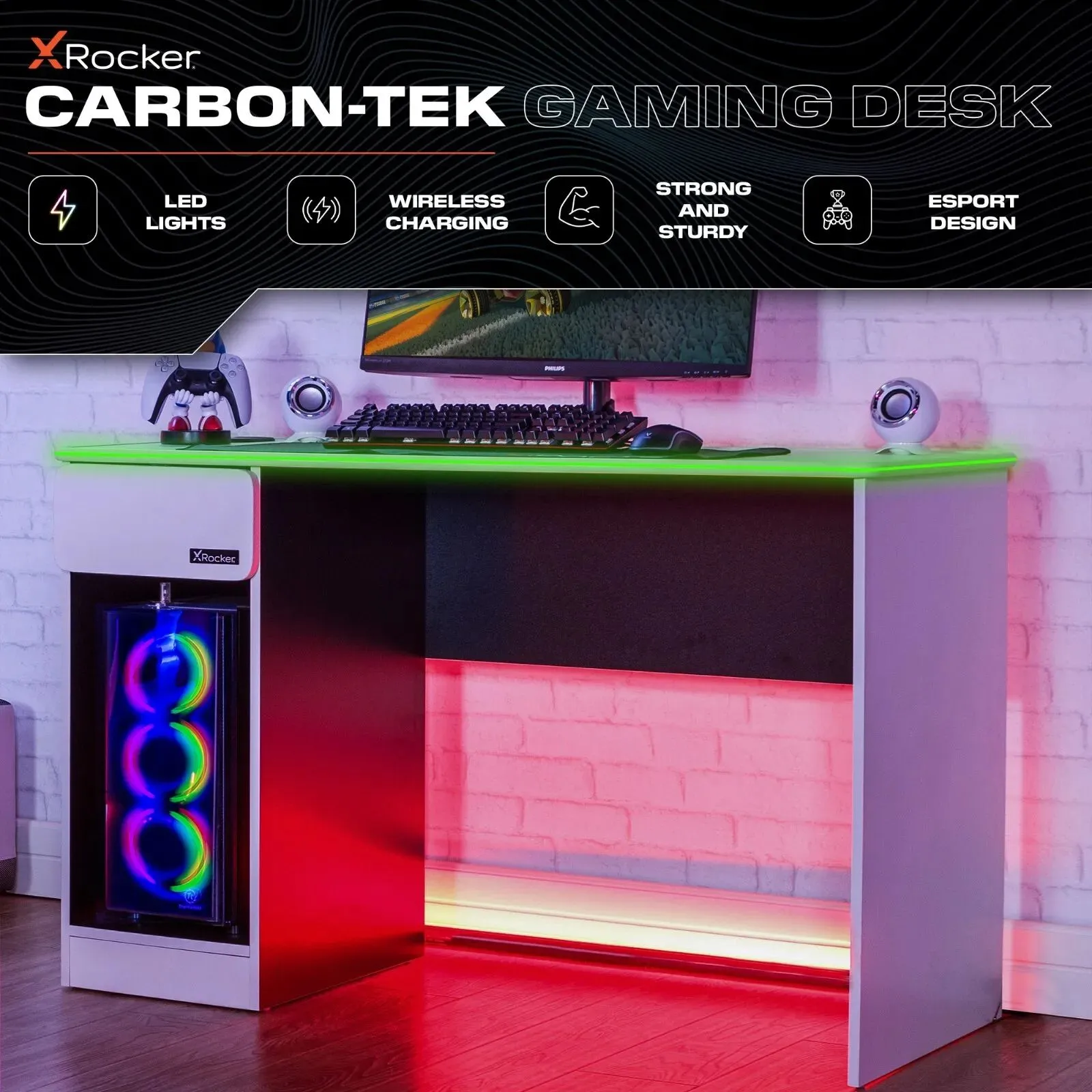 X Rocker Carbon-Tek 120cm LED Gaming Desk with Drawer & Charging in White 2