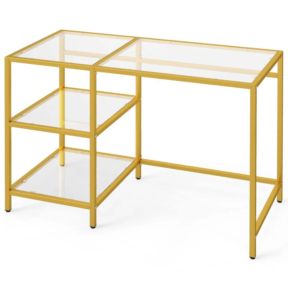 Costway Tempered Glass Computer Desk Modern Office Desk with Storage Shelves in Gold 2