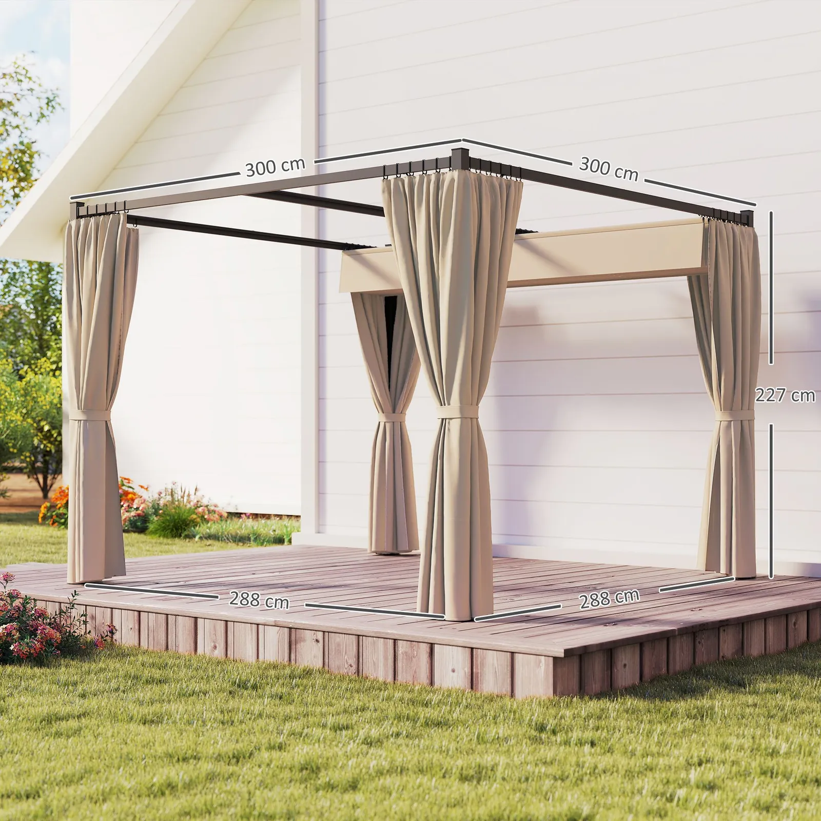 OUTSUNNY 3 x 3(m) Pergola with Retractable Roof & Curtains in Khaki 3
