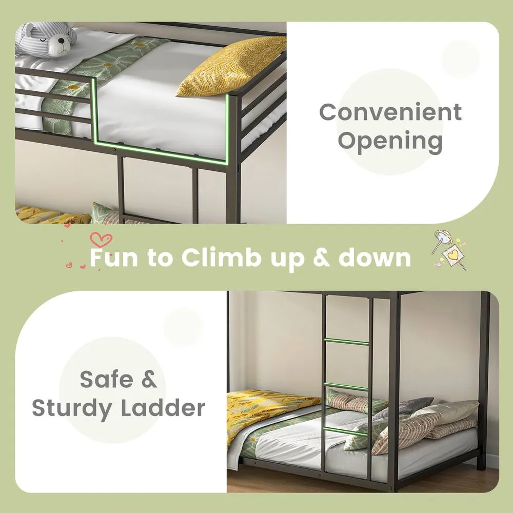 Costway Single Metal Bunk Bed Floor Bed Frame w/Ladder &Full-length Guardrails in Black 4