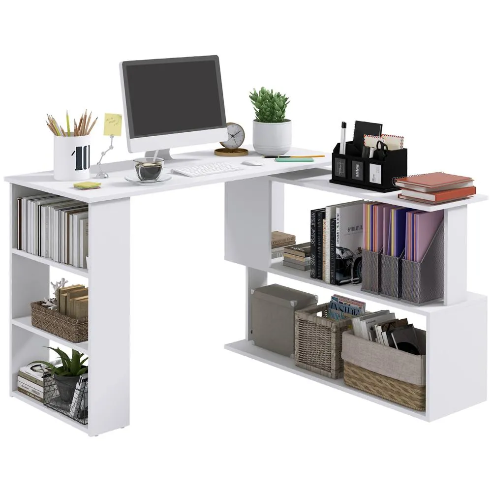 HOMCOM Corner Computer Desk with 360° Rotating Design & Bookshelf, White 2