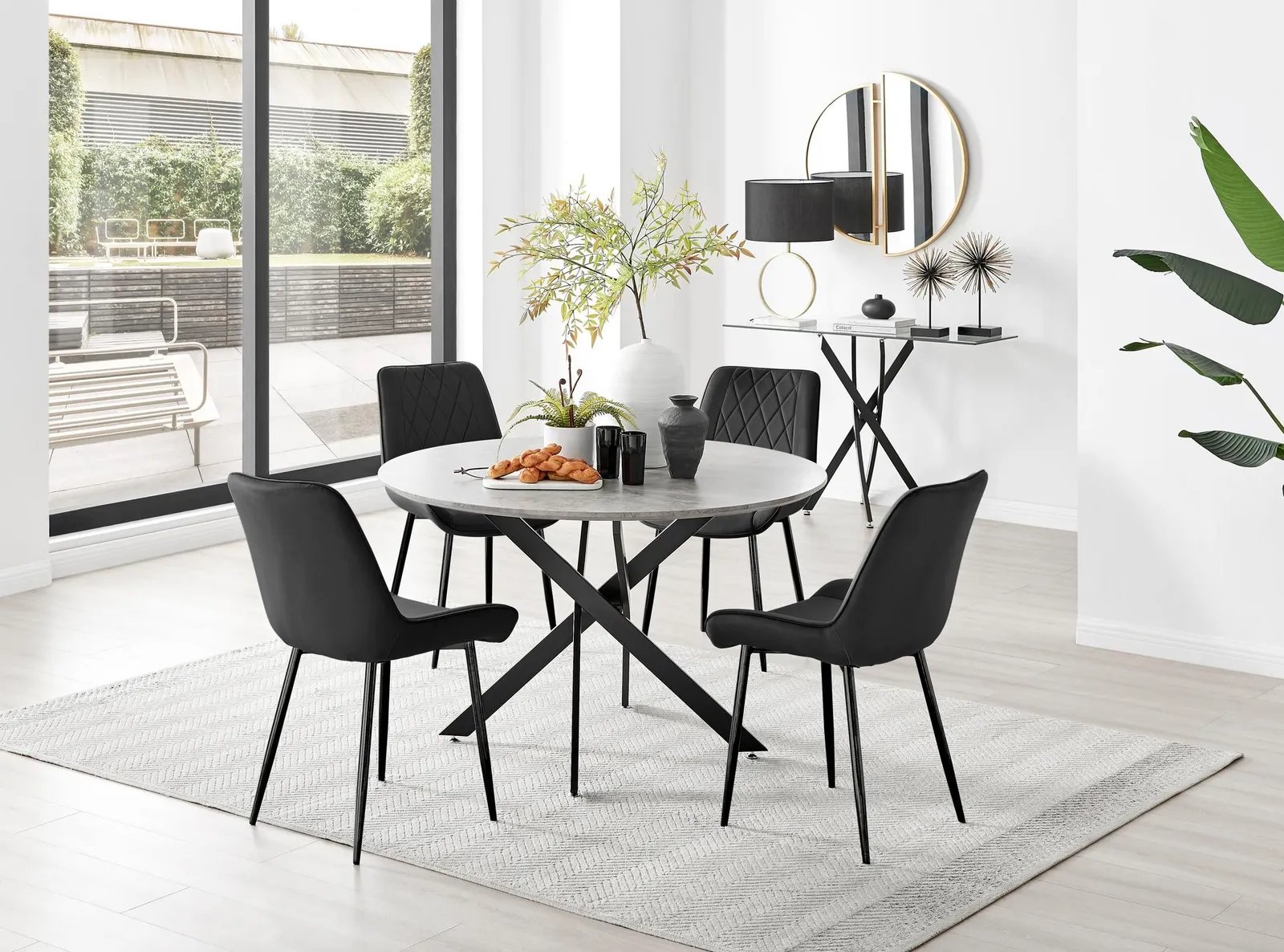 FurnitureboxUK Novara Grey Concrete Effect Black Leg 120cm Round Dining Table & 4 Pesaro Black Leg Chairs 1