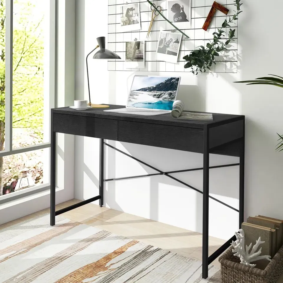 Costway Computer Desk Wooden PC Laptop Table Writing Workstation with 2 Drawers in Black 2