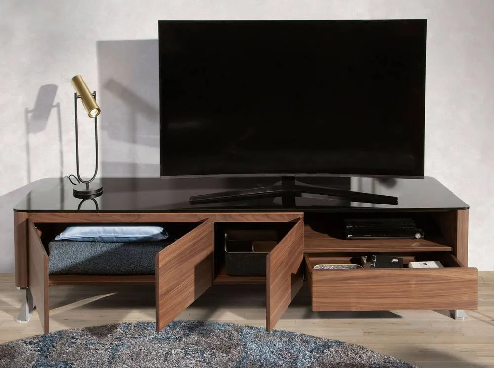 Angel Cerda Walnut TV Unit with Black Tempered Glass Top & Chrome in Brown 6