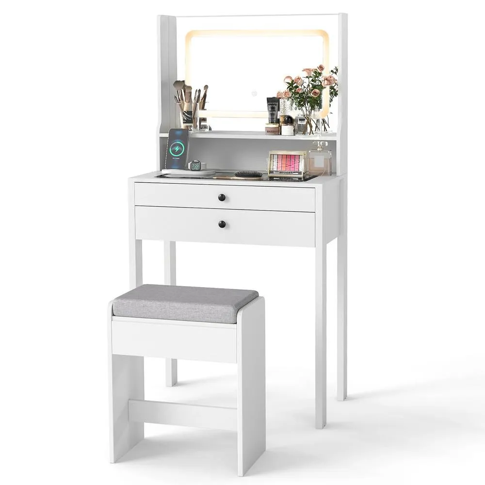 Costway Dressing Table &Stool Set w/LED Lights Makeup Table w/Charging Station in White 3