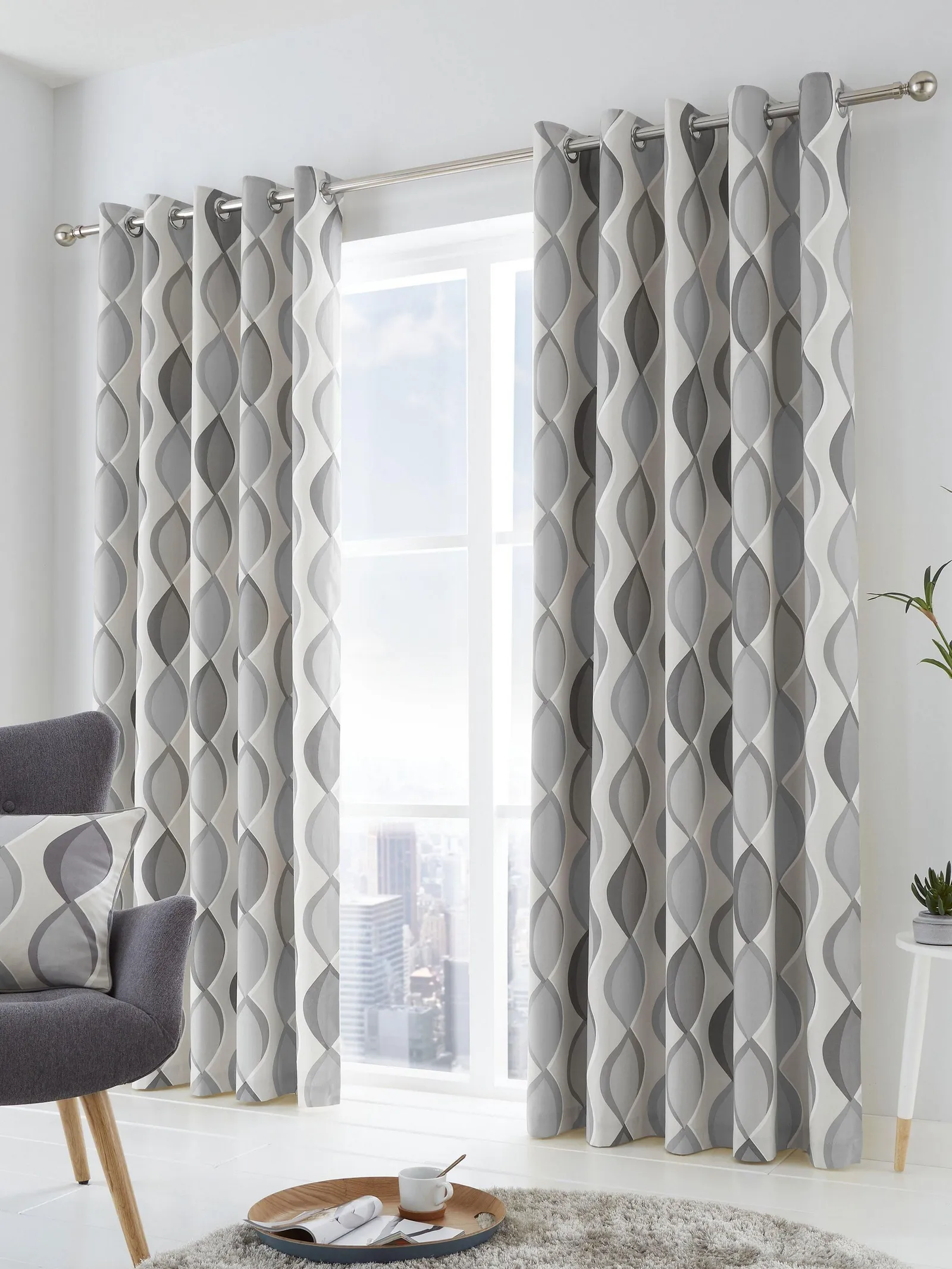Fusion 'Lennox' Modern Geo Print Eyelet Curtains in Grey 1