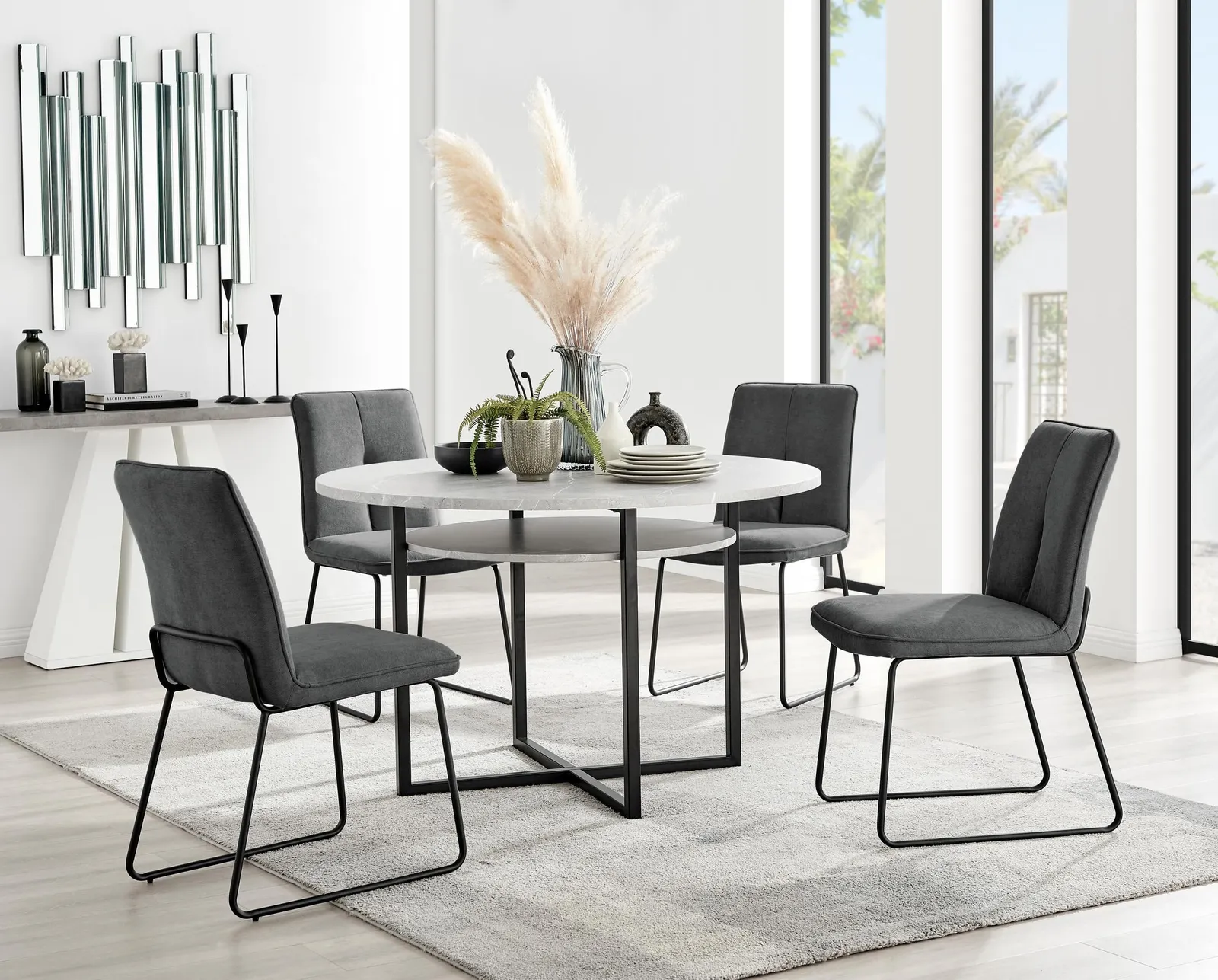 FurnitureboxUK Adley Grey Concrete Effect Round Dining Table & 4 Halleyy Fabric Chairs in Dark Grey