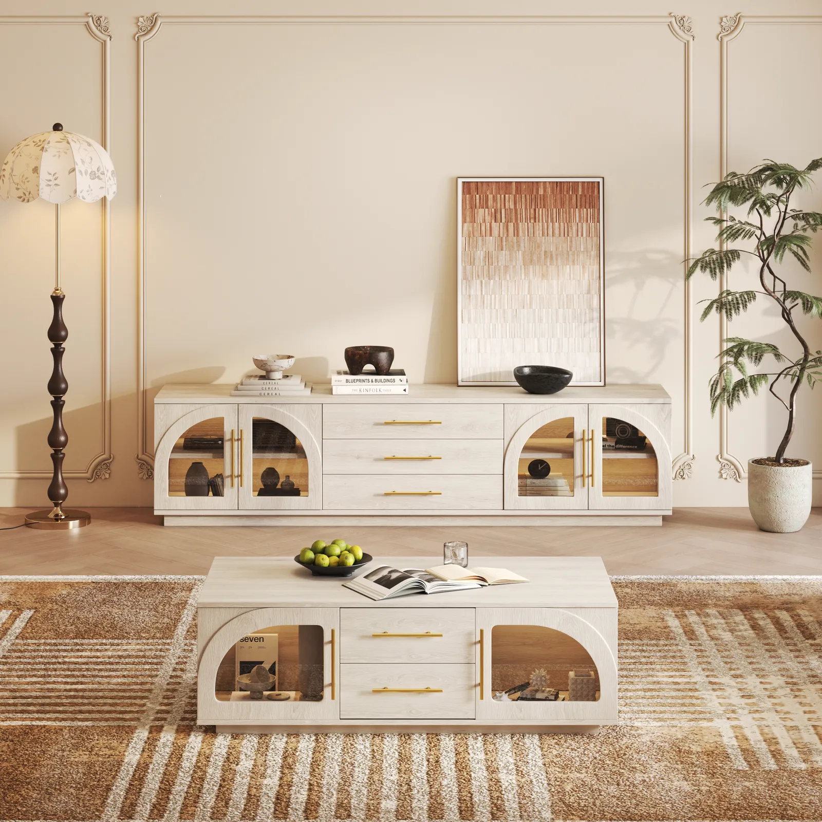 Arune 2032 mm Mid-Century Modern Black TV Stand Coffee Table Set with LED Lights and Arched Glass Cabinet Doors