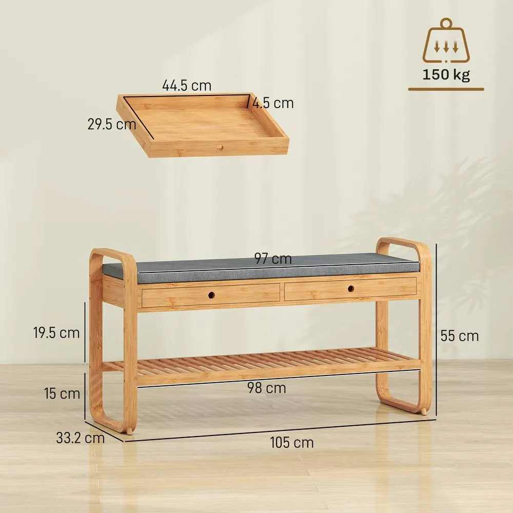 HOMCOM Shoe Bench with 2 Drawers Cushioned Seat 105 cm in Natural 3
