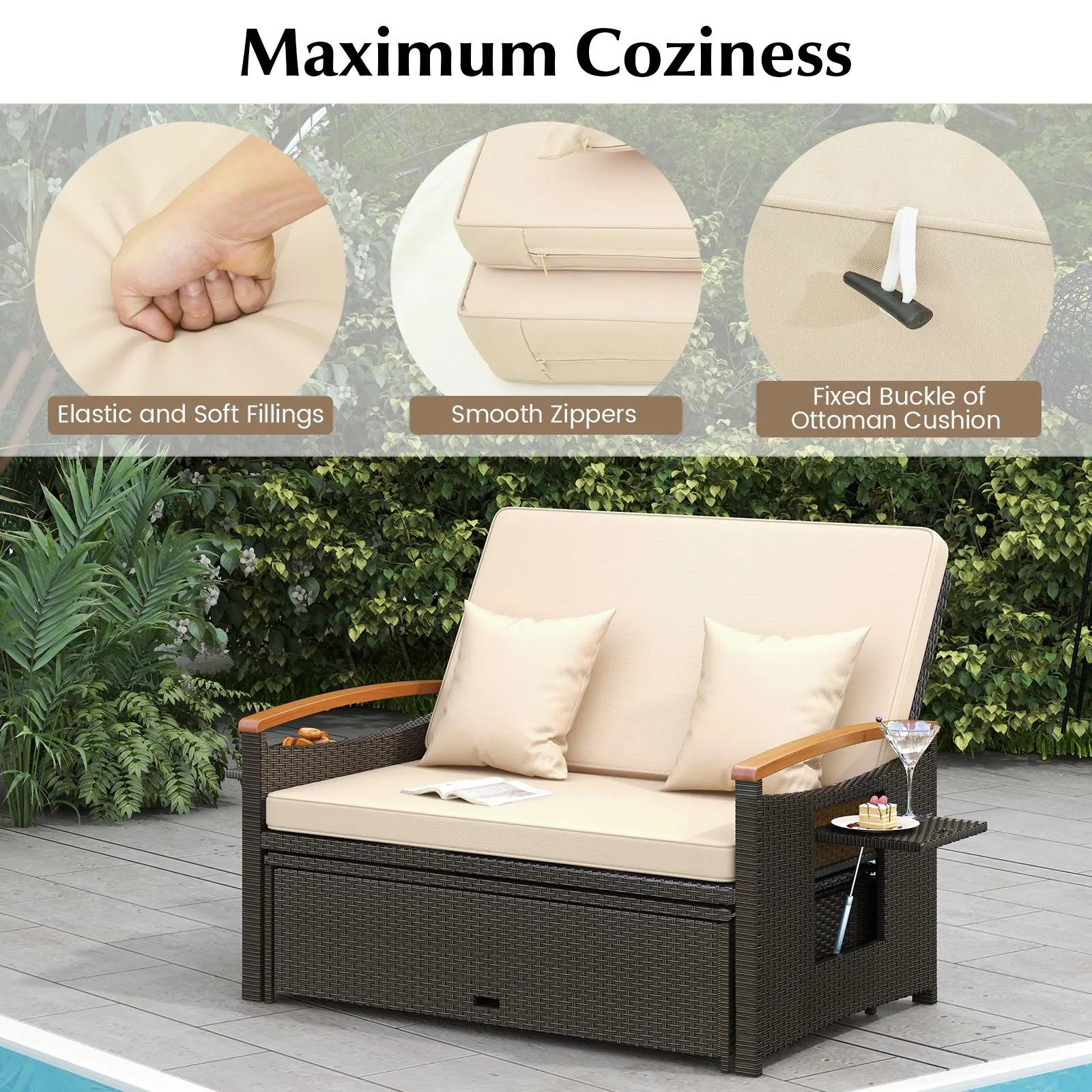 Costway Outdoor Wicker Daybed Rattan Woven Loveseat with Folding Panels & Storage Ottoman in Brown 6