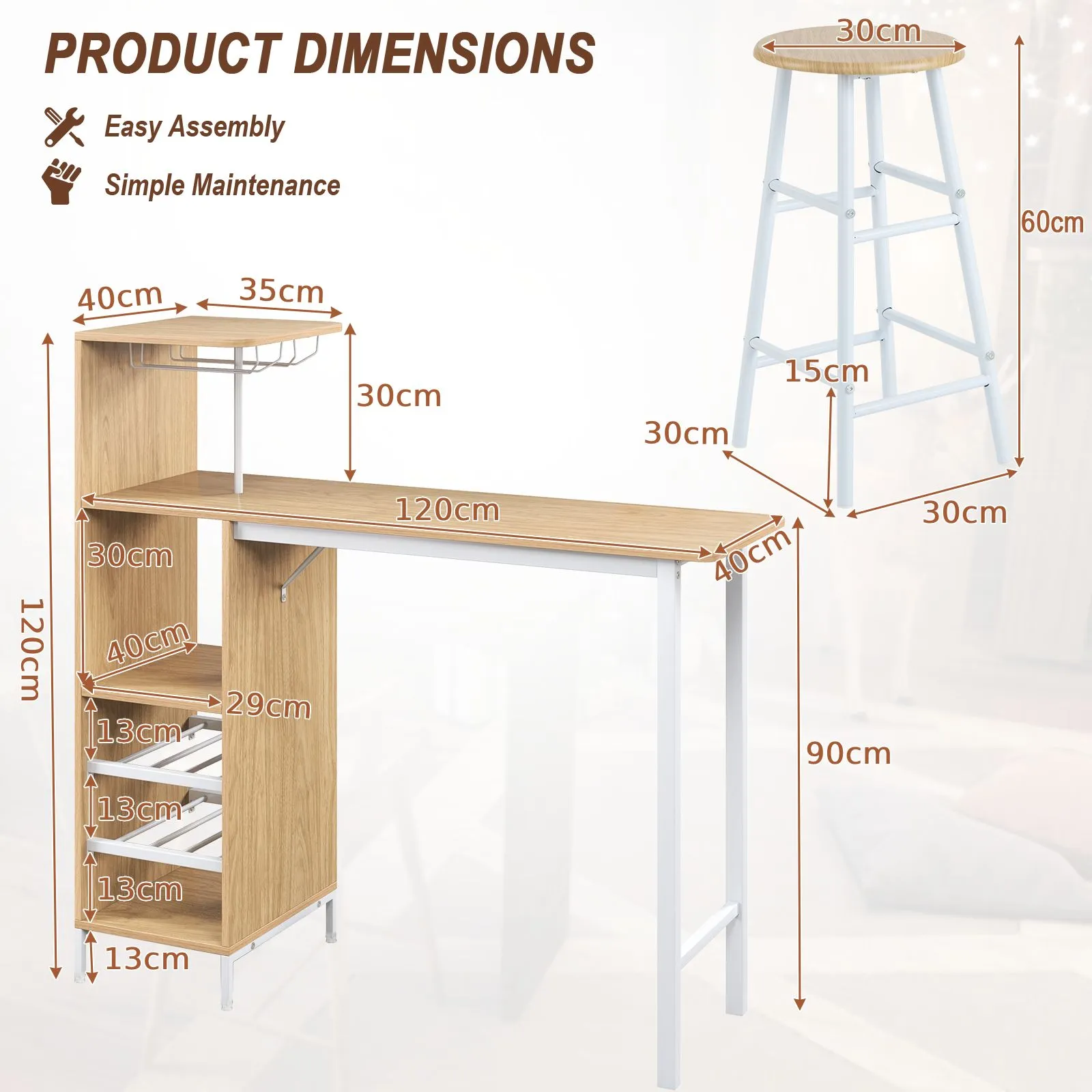 Costway 3PCS Bar Table Chair Set Industrial Dining Table Stools w/ Glass Holders & Wine Racks in Brown 2