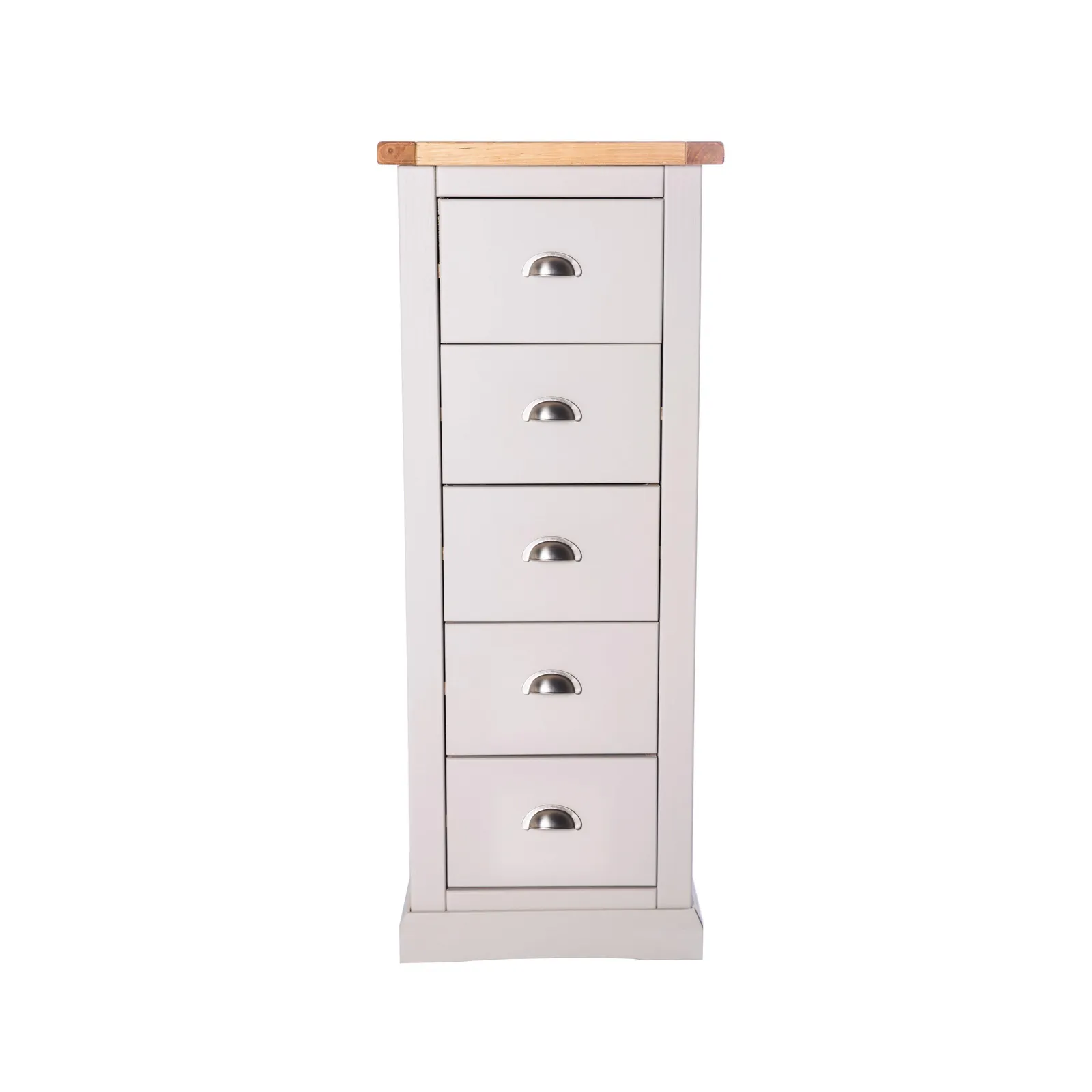 Cabinet Bits Loreo 5 Drawer Narrow Chest of Drawers Chrome Cup Handle in Light Grey