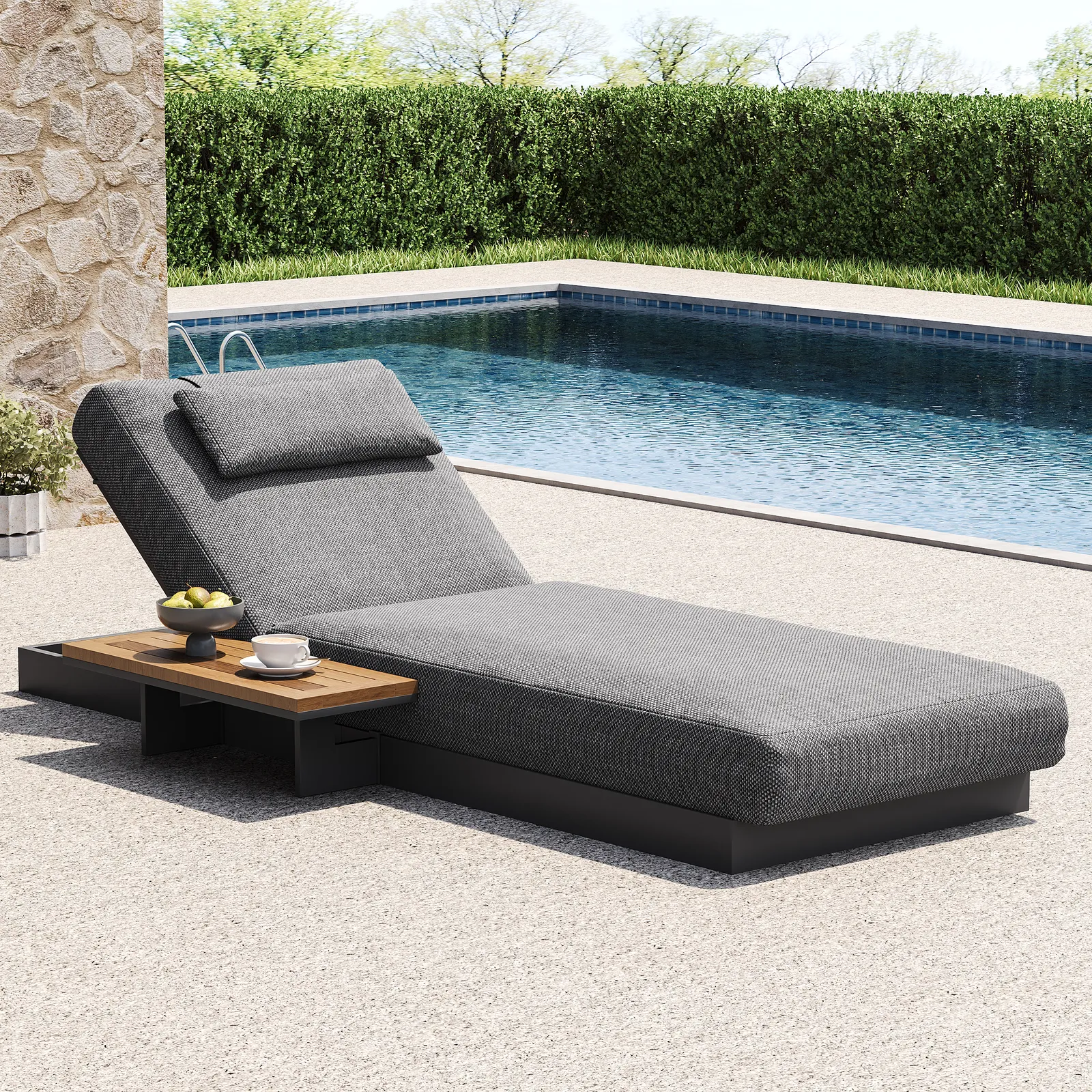 Tevara Wood & Aluminium Garden Lounger Daybed Modern Yard & Patio Furniture in Gray Cushion & Pillow Included (200 cm)