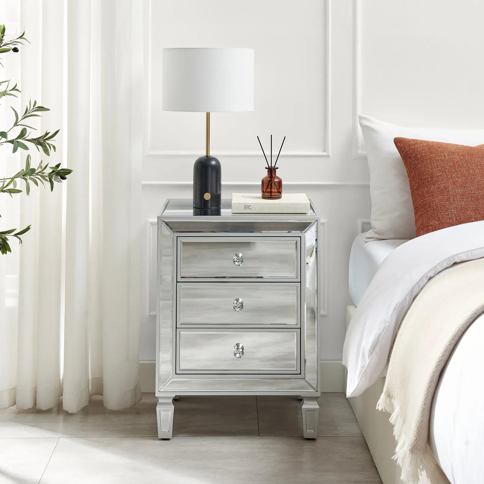FurnitureboxUK Venice Contemporary 3 Drawer Silver Framed Mirrored Bedside TableWith Crystaline Shaped Handles 2