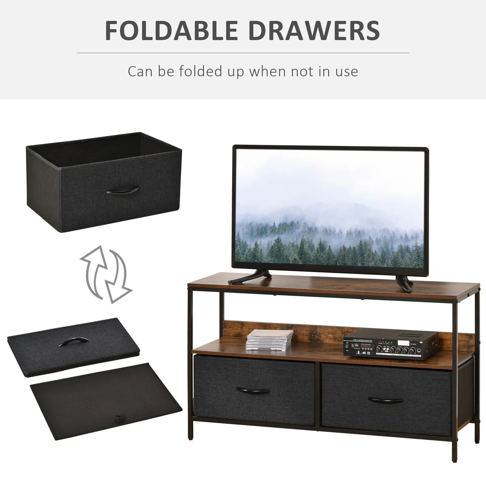 HOMCOM Cabinet, TV Console Unit W/ Foldable Linen Drawers, TV Stand for Living Room in Brown 4