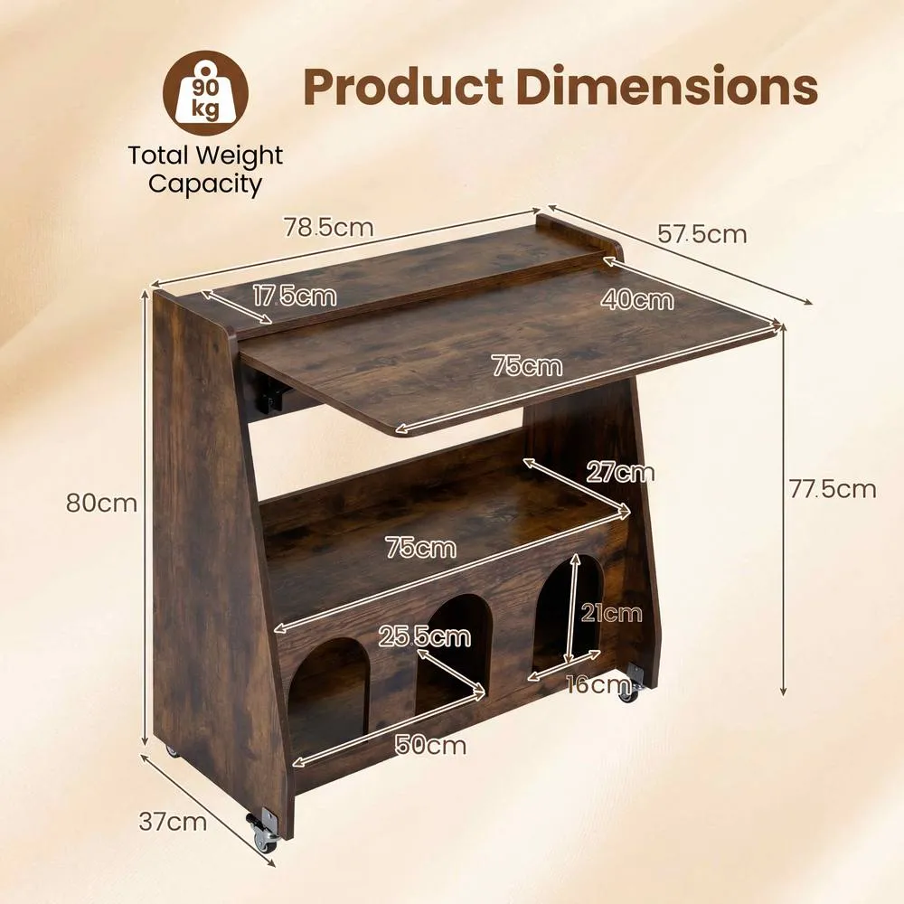 Costway Folding Desk on Wheels Brown Drop Leaf Writing Desk w/ Storage 2