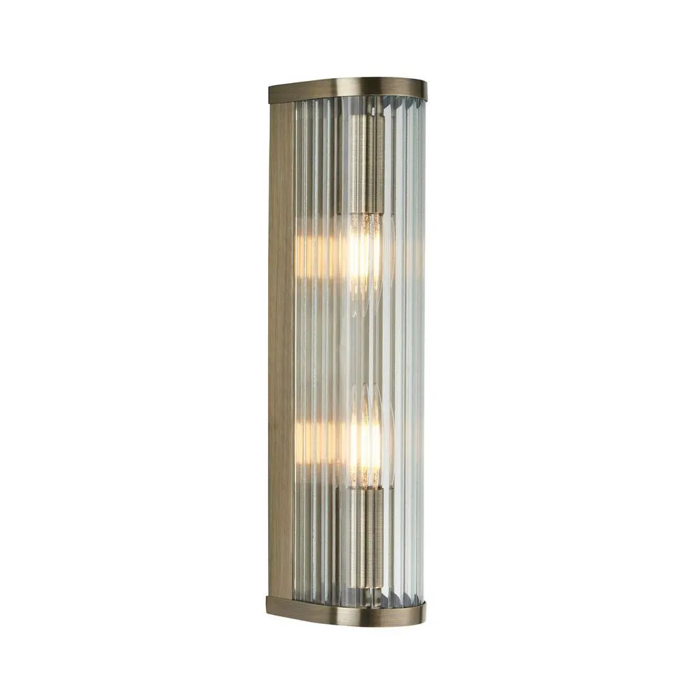 Netlighting Ridgeton Wall Lamp Antique Brass Plate & Clear Ribbed Glass 2x E14 in Gold
