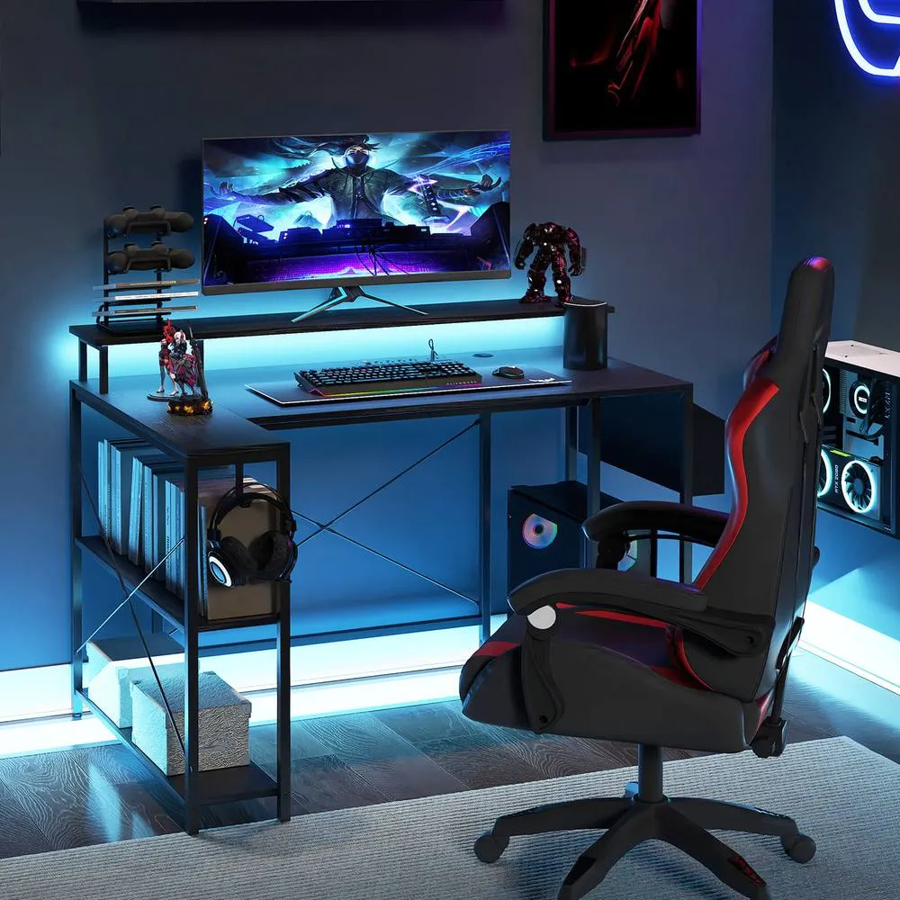 Costway L-Shaped Gaming Desk 120 cm Computer Desk with LED Lights-Black in Black 3