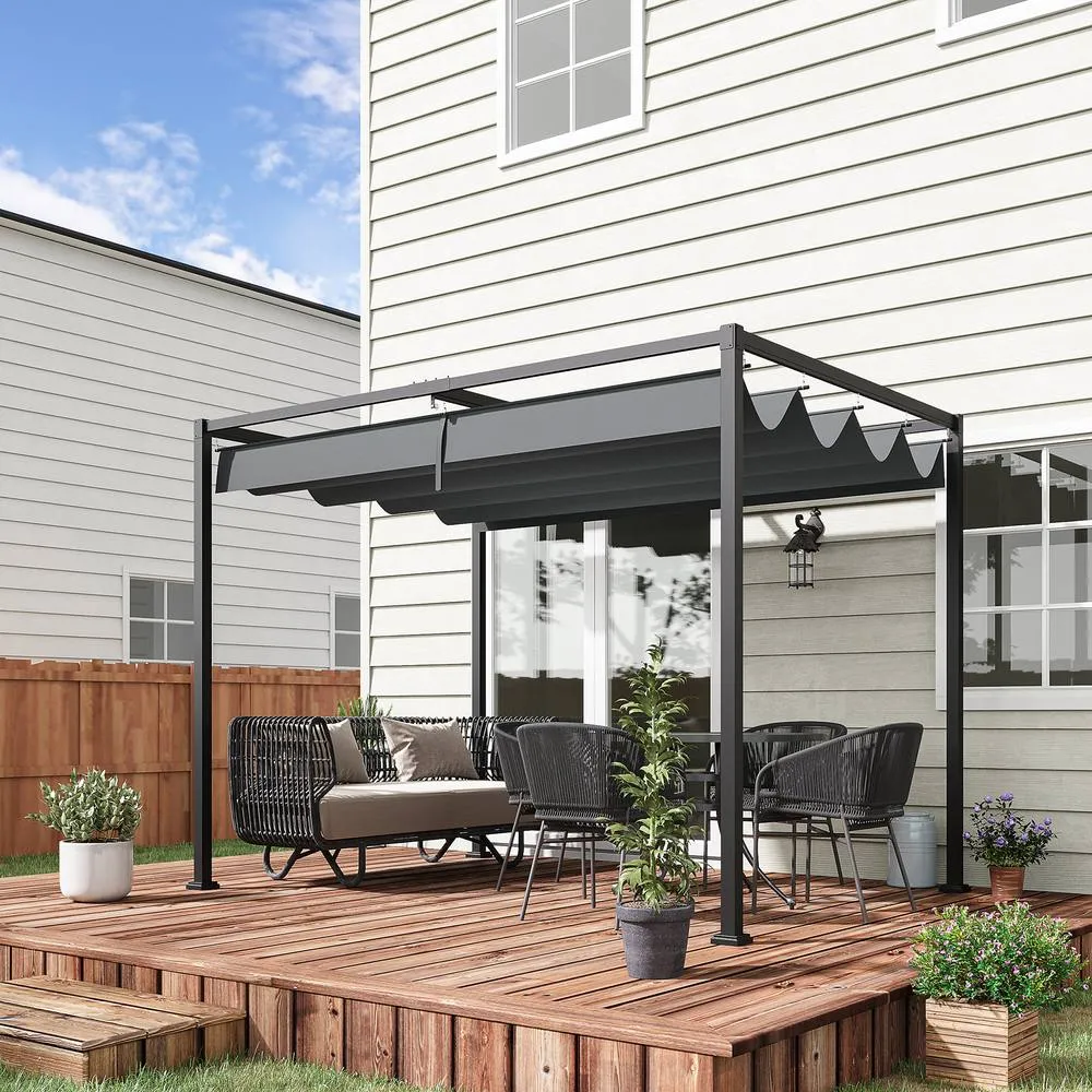 OUTSUNNY Metal Pergola Gazebo Patio Sunshelter Retractable Canopy in Grey