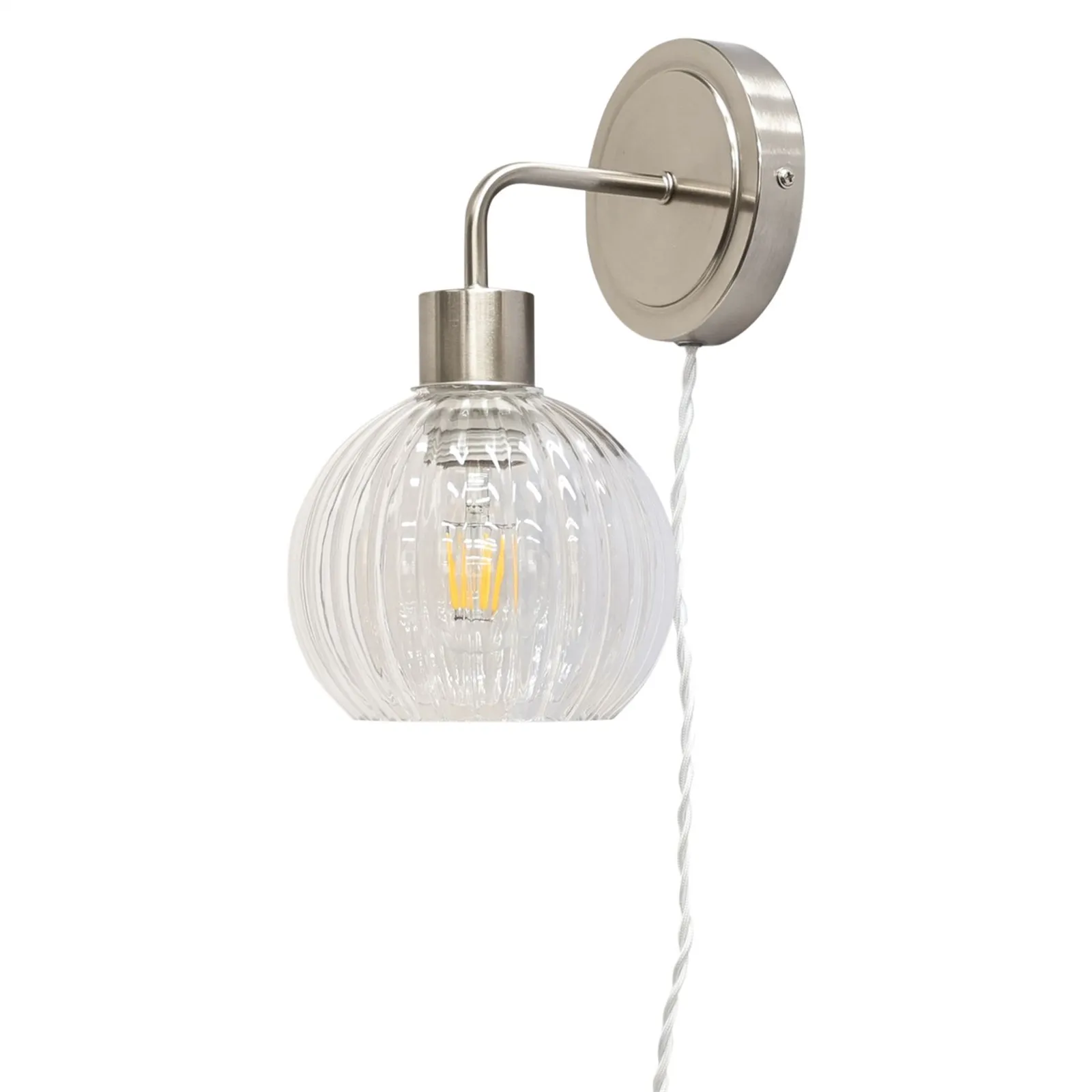 First Choice Lighting Set of 2 Toby - Satin Nickel Plug in Wall Lights Clear Shades in Silver 3