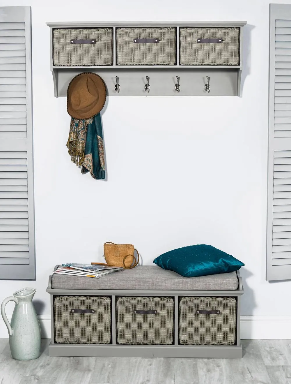Statement Furniture Tetbury Bench with 3 Grey Faux Rattan Baskets & Grey Cushion in Light Grey 3