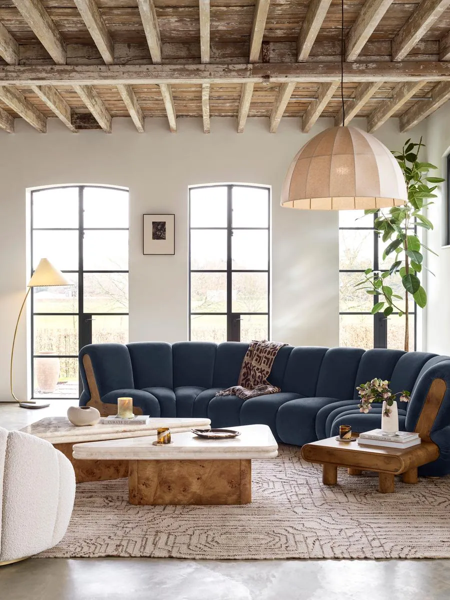 Noelle Modular Curved Sofa, Six Seater, Velvet Grey Blue