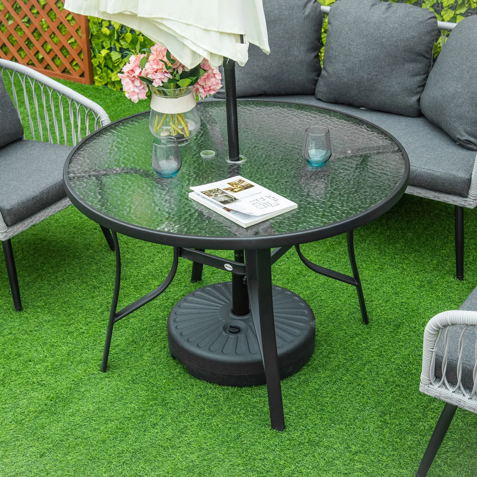 OUTSUNNY 106cm Round Garden Dining Table with Parasol Hole TempeGlass Top in Black